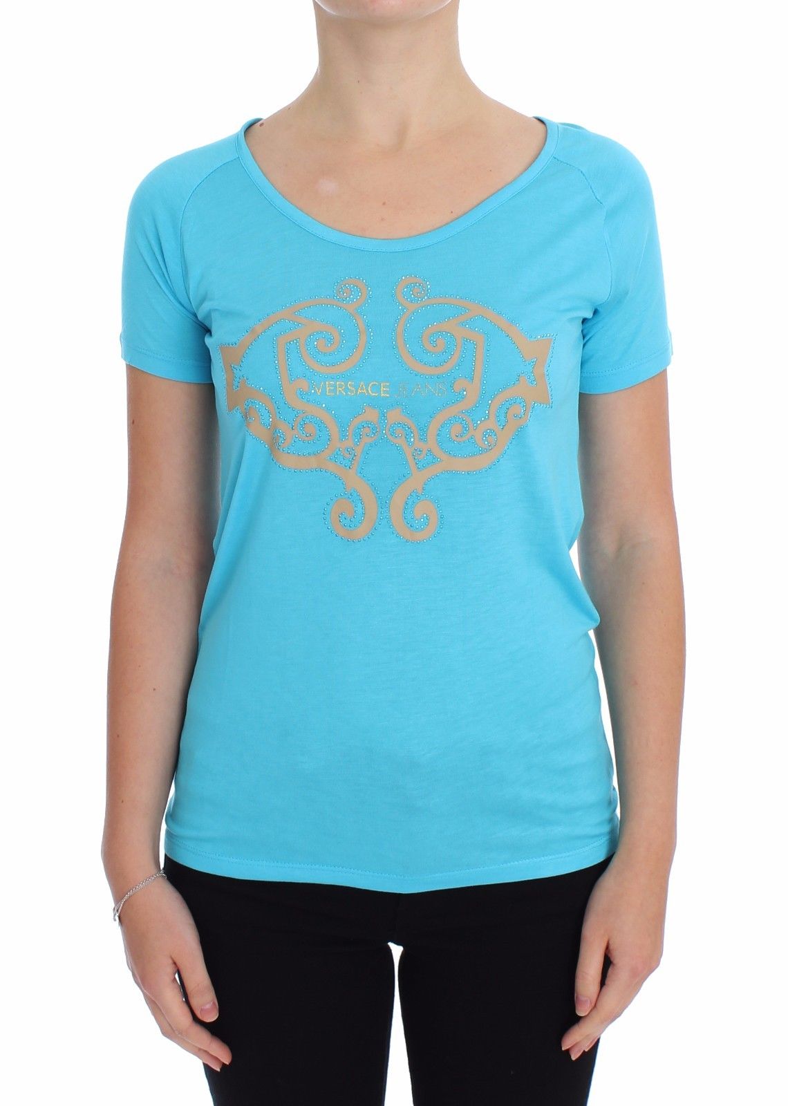 Versace Jeans Women's Crew-Neck Studded T-Shirt Blue - IT38|XS