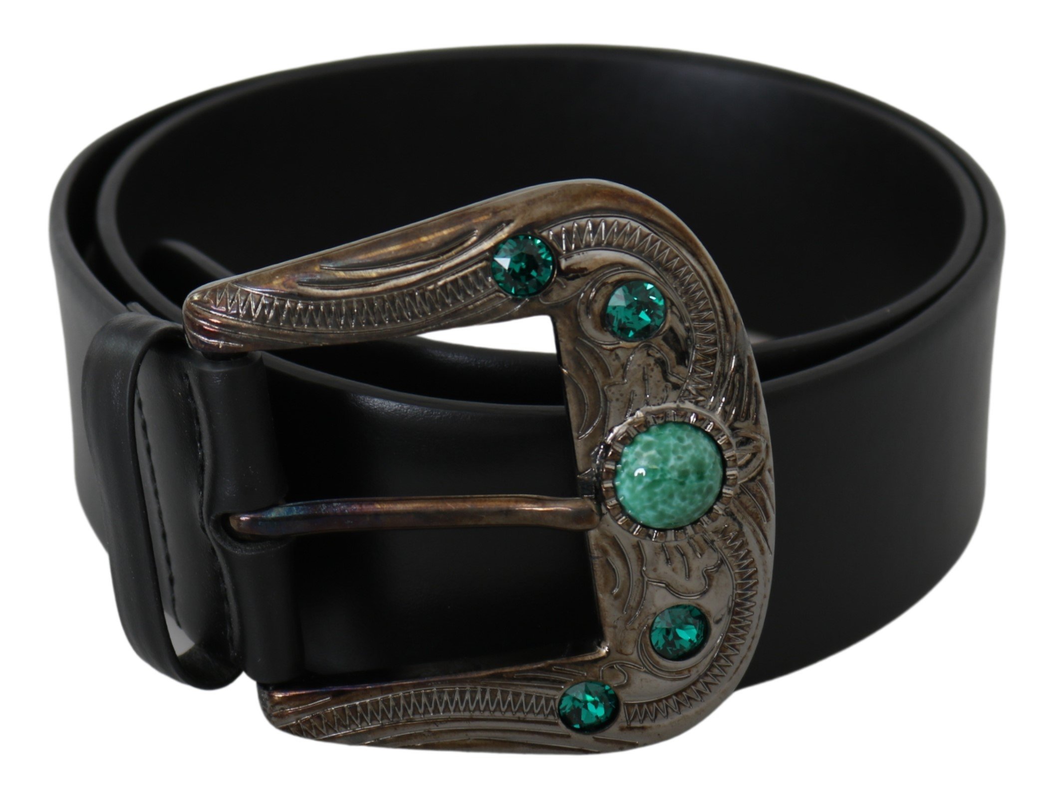 Black Leather Green Crystal Baroque Buckle Belt - 90 cm / 36 Inches