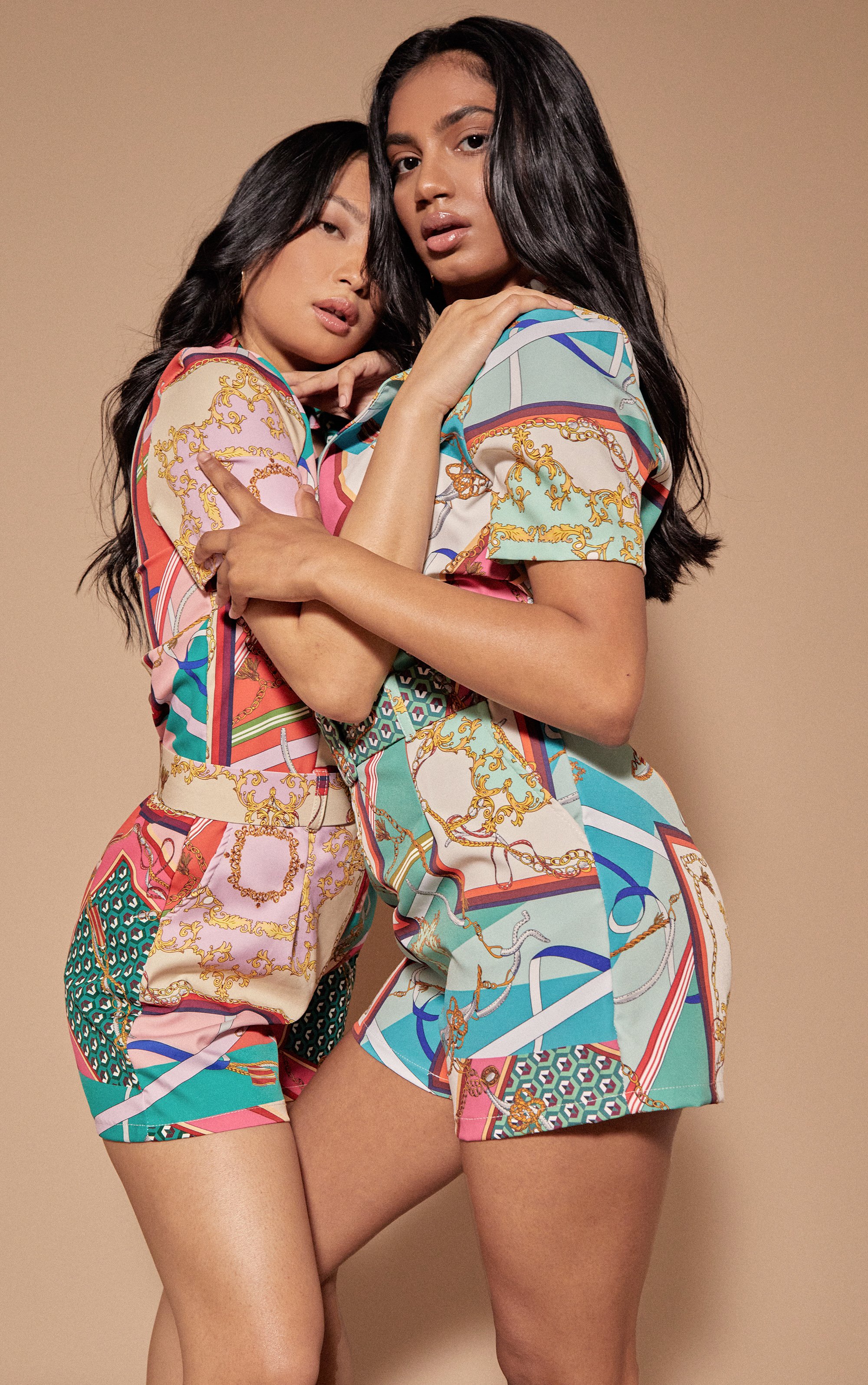 Chain Printed Button Up Belted Playsuit - Green / 8