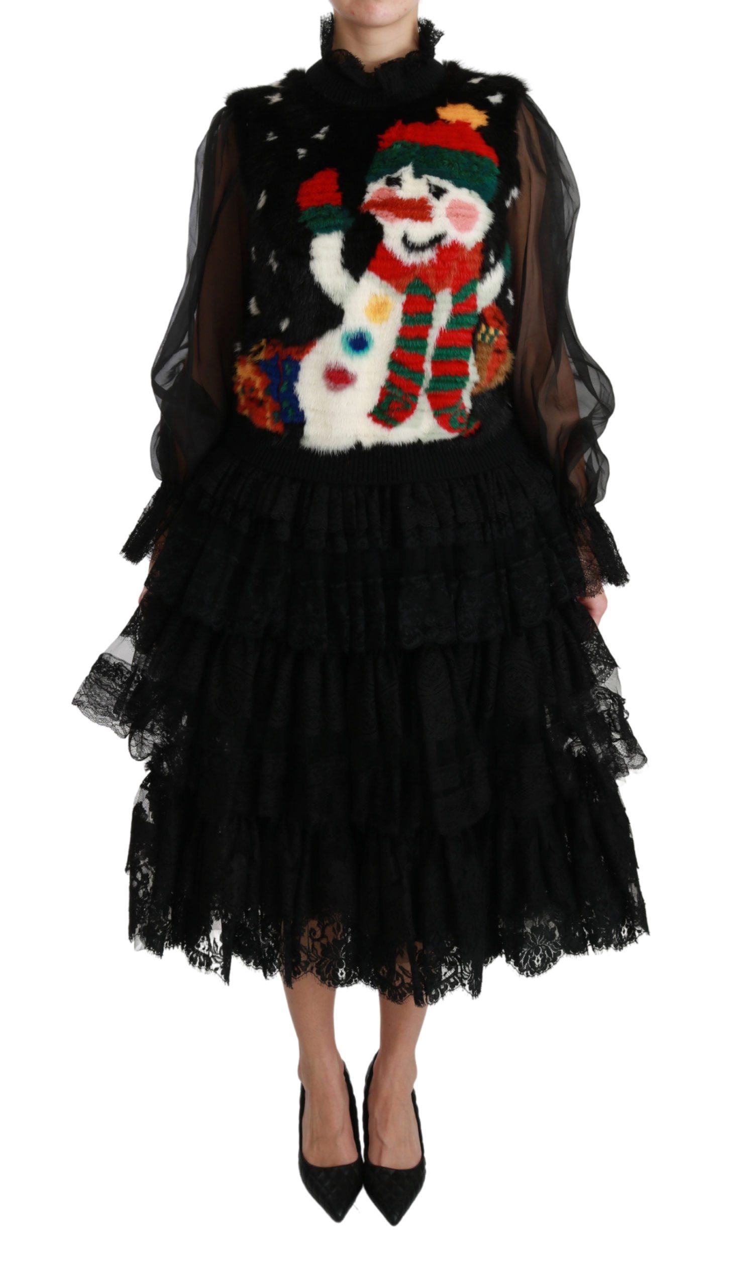 Dolce & Gabbana Women's Snowman Lace Layered Dress Black DR2509 - IT40|S