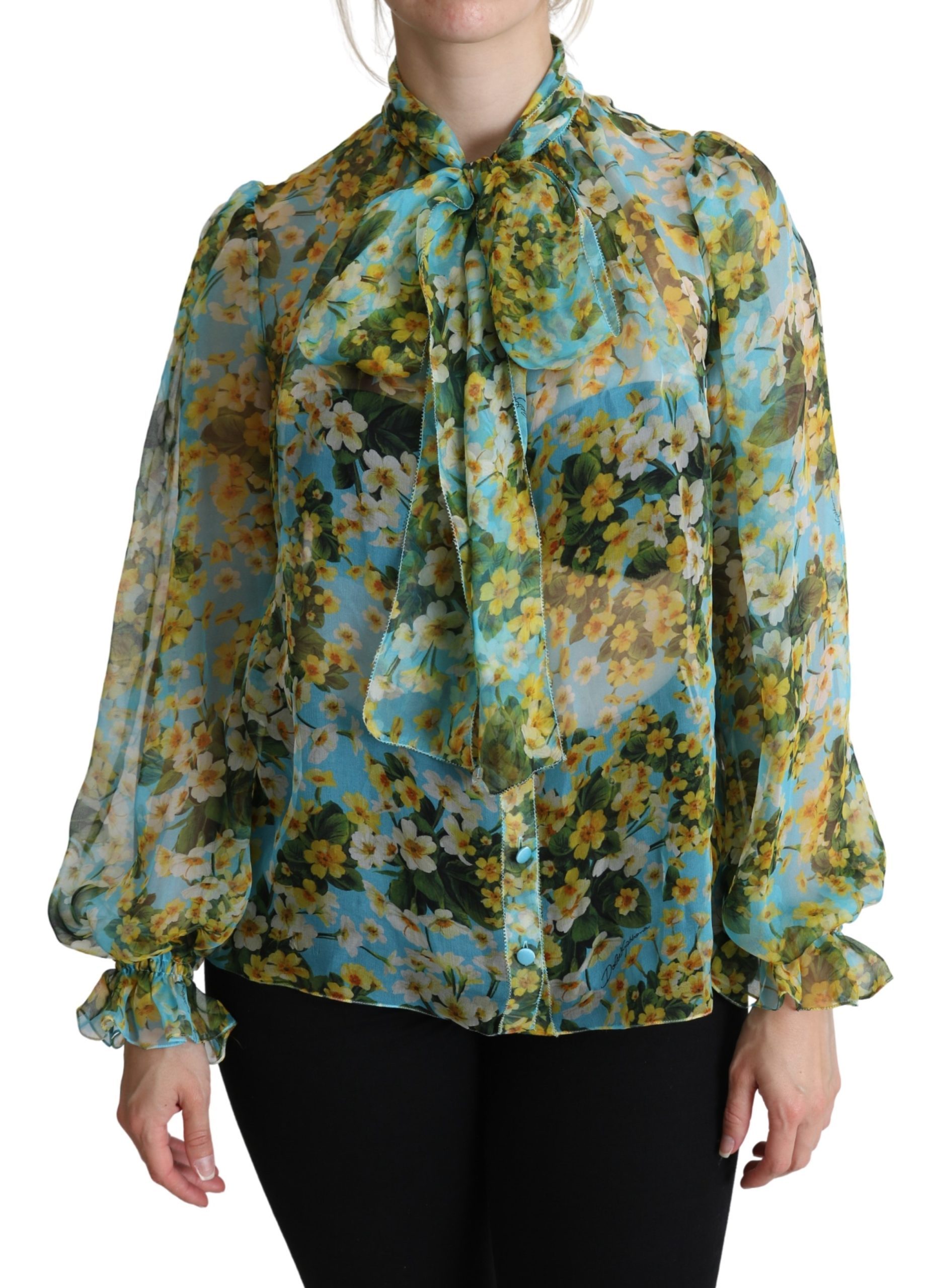 Blue Silk Floral Chiffon Pussy Bow Blouse - IT38|XS