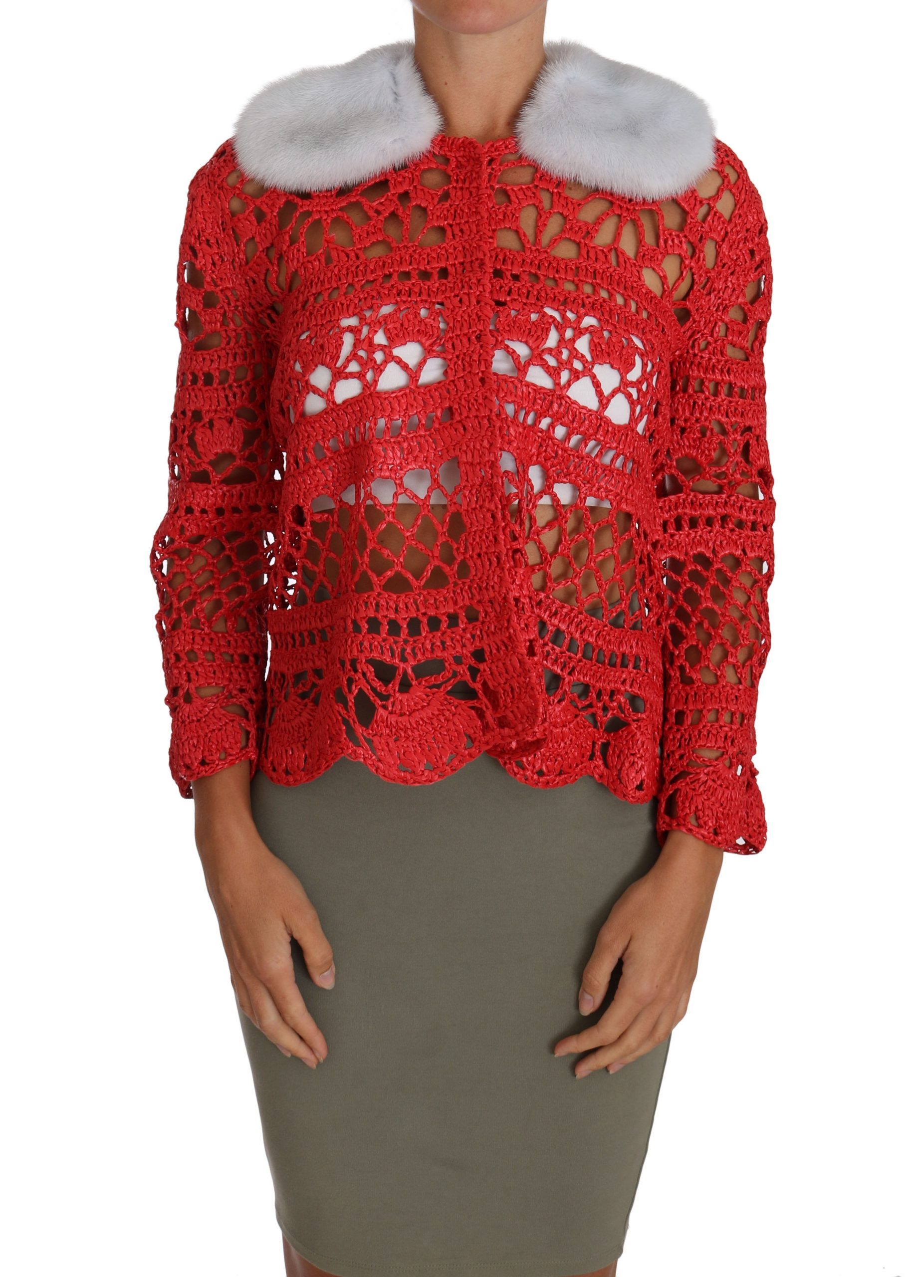 Dolce & Gabbana Women's Crochet Knit Raffia Cardigan Red TSH2723 - IT42|M
