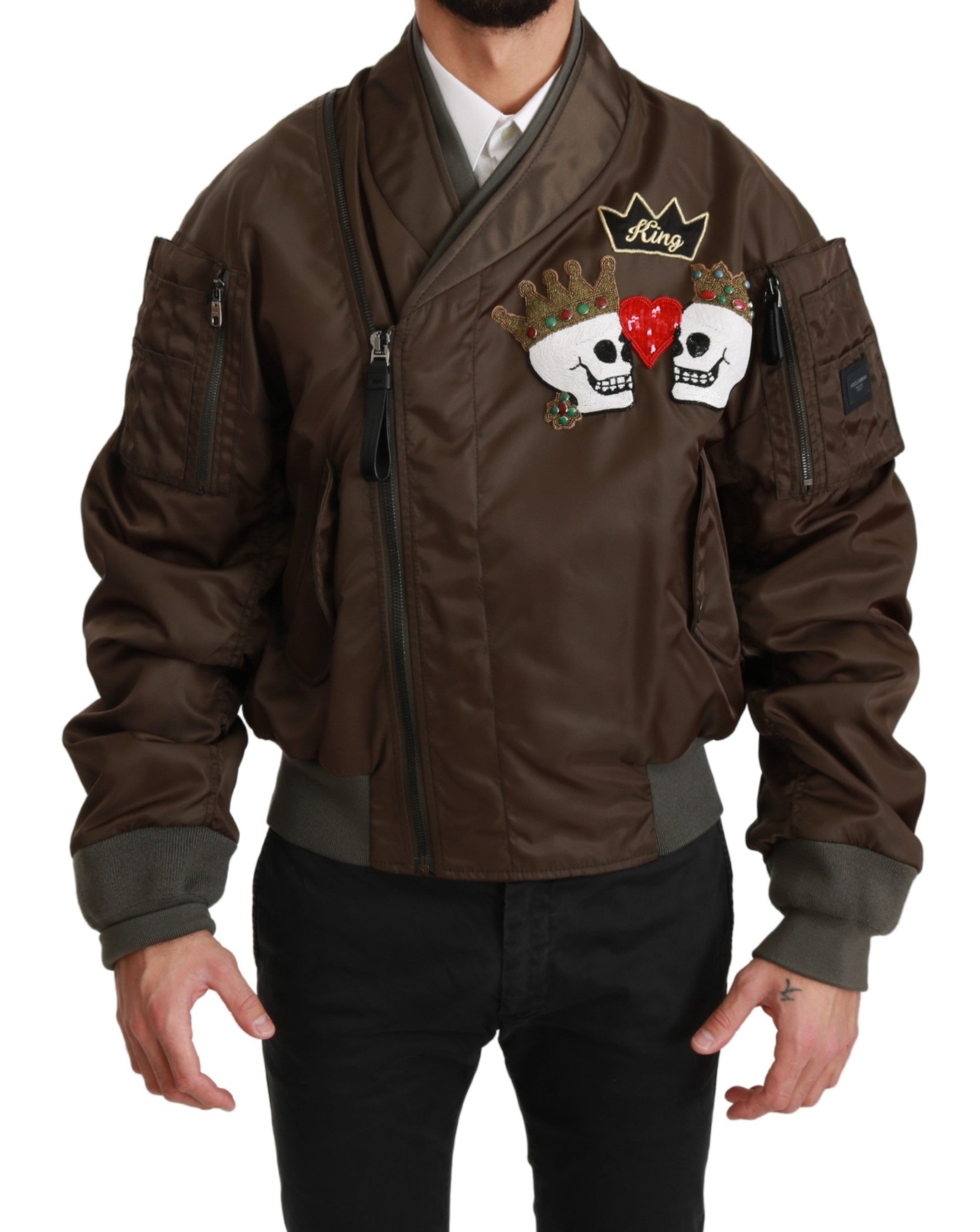 Dolce & Gabbana Men's Beaded Crown Skull Logo Jacket Brown JKT2541 - IT48 | L