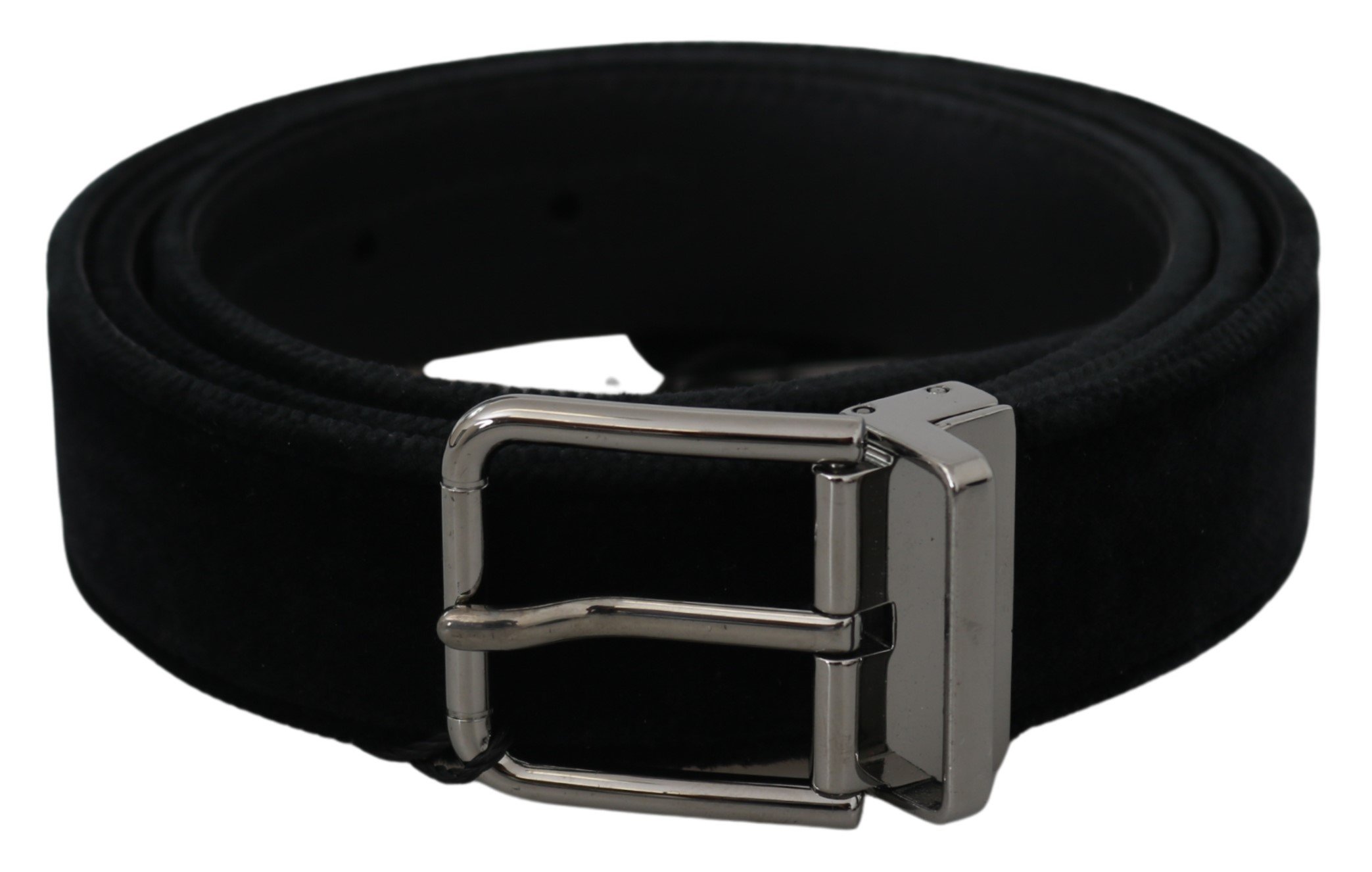 Black Velvet Leather Silver Buckle Belt - 95 cm / 38 Inches
