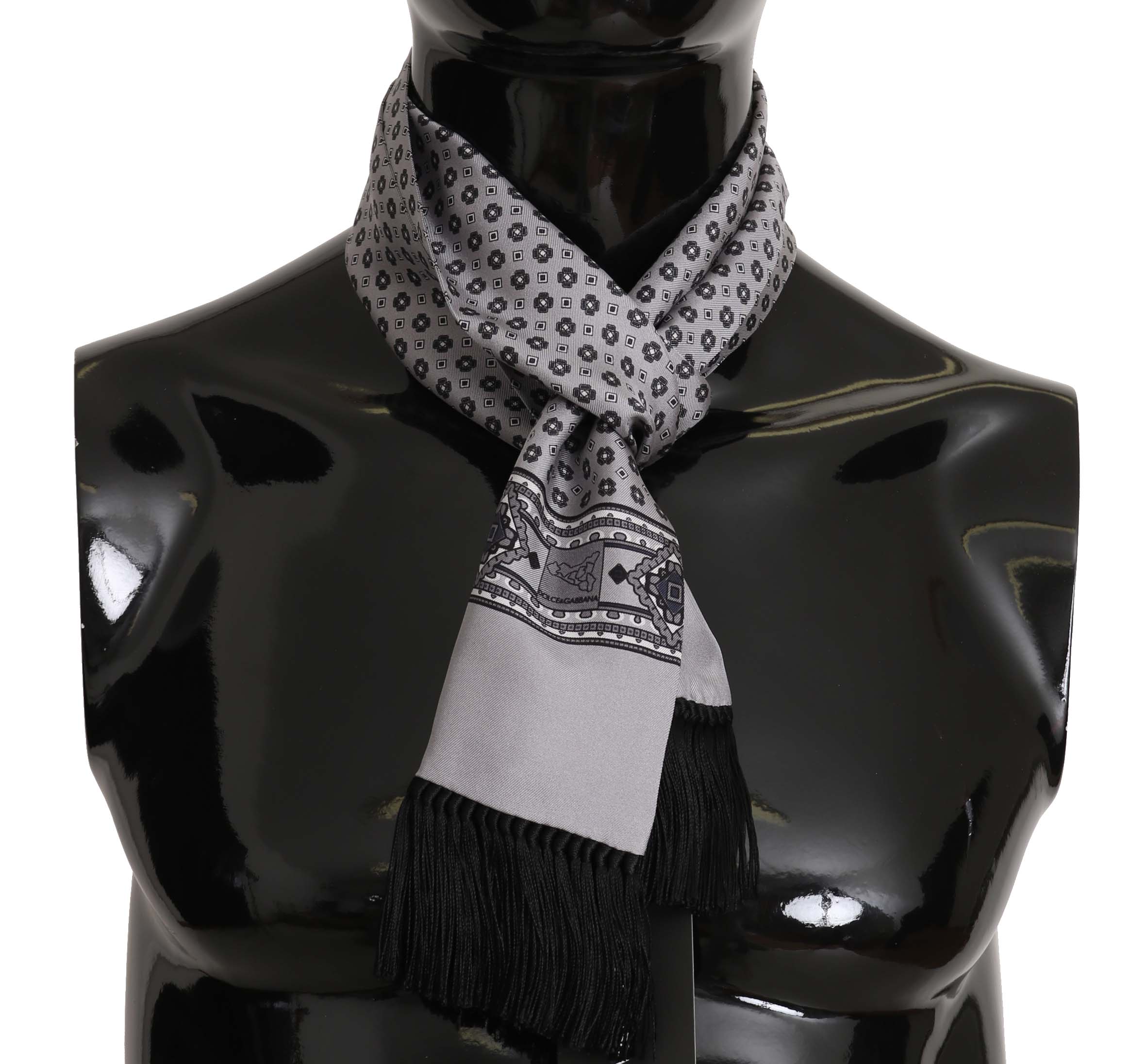 Dolce & Gabbana Men's Baroque Tassel Silk Scarf Silver MS5133