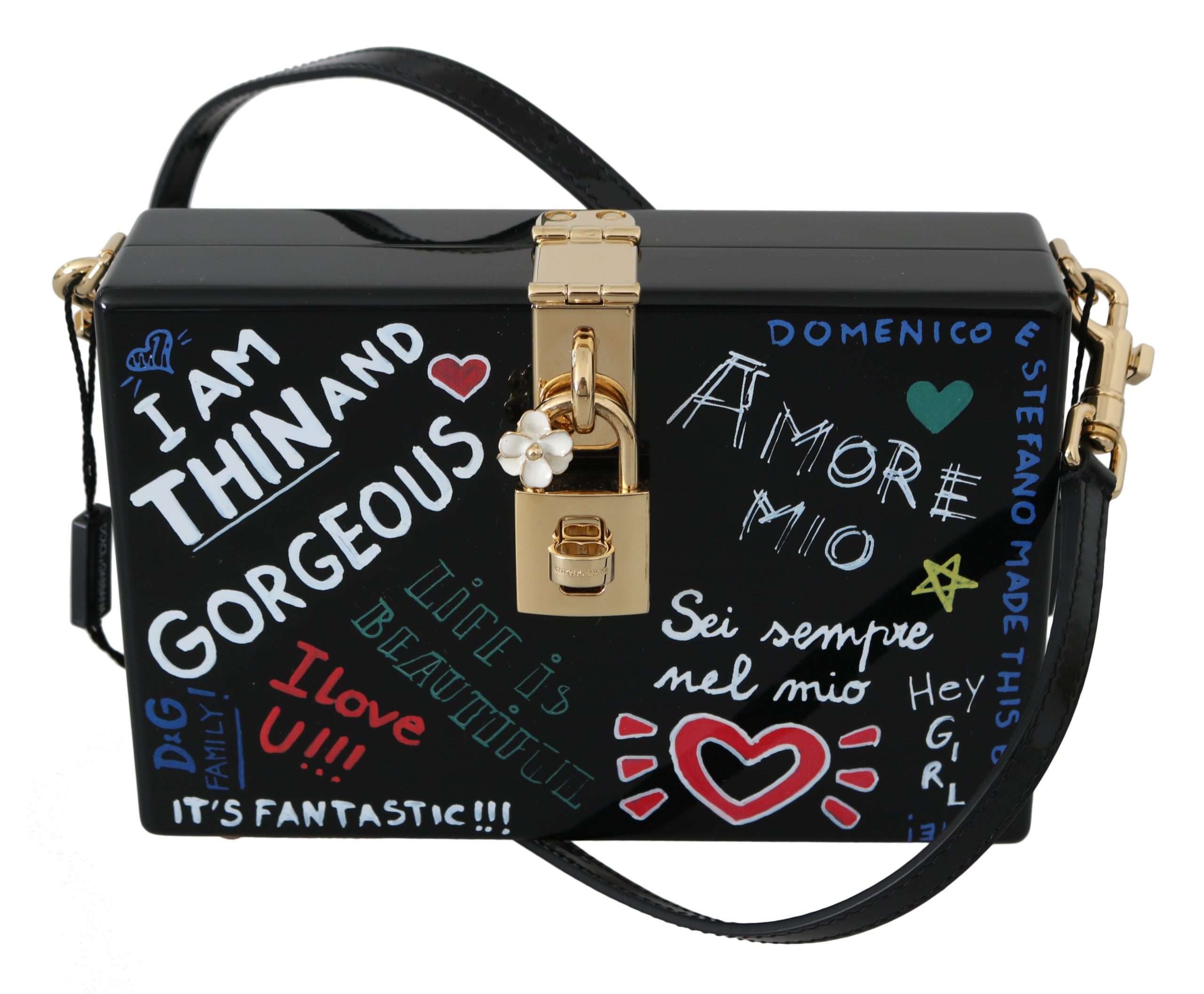 Dolce & Gabbana Women's Hand Painted Wooden Leather Shoulder Bag Black VAS8695