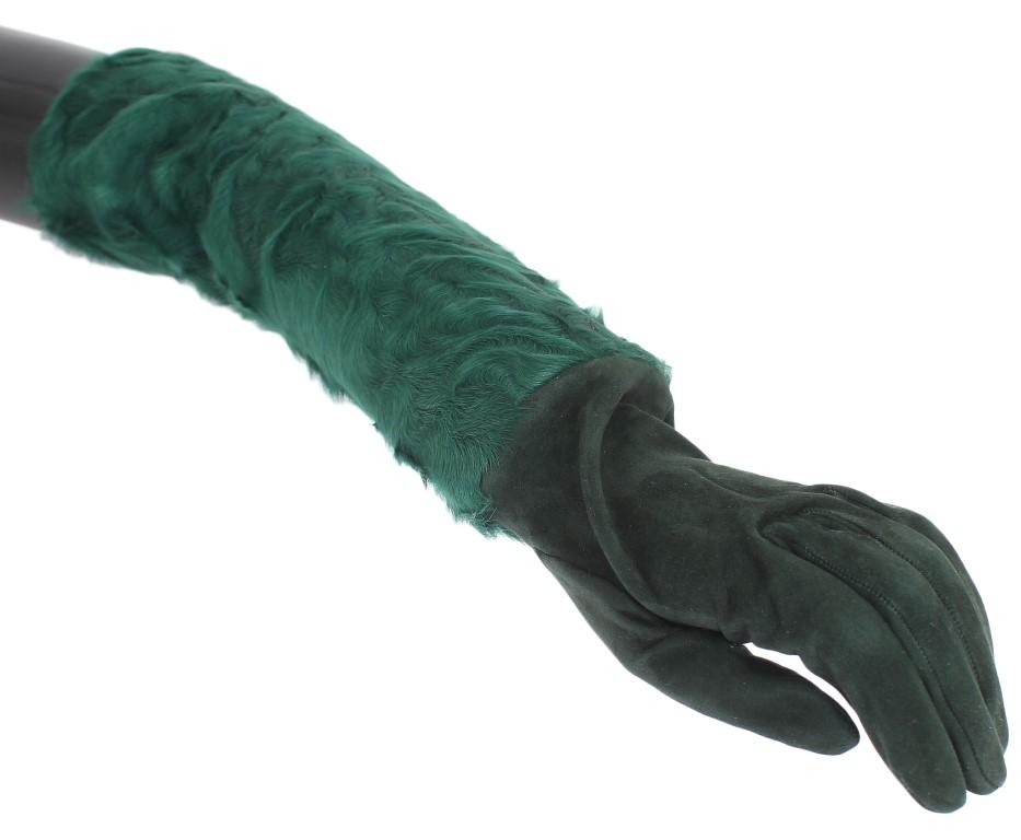 Dolce & Gabbana Women's Leather Xiangao Fur Elbow Gloves Green LB128 - 8|M