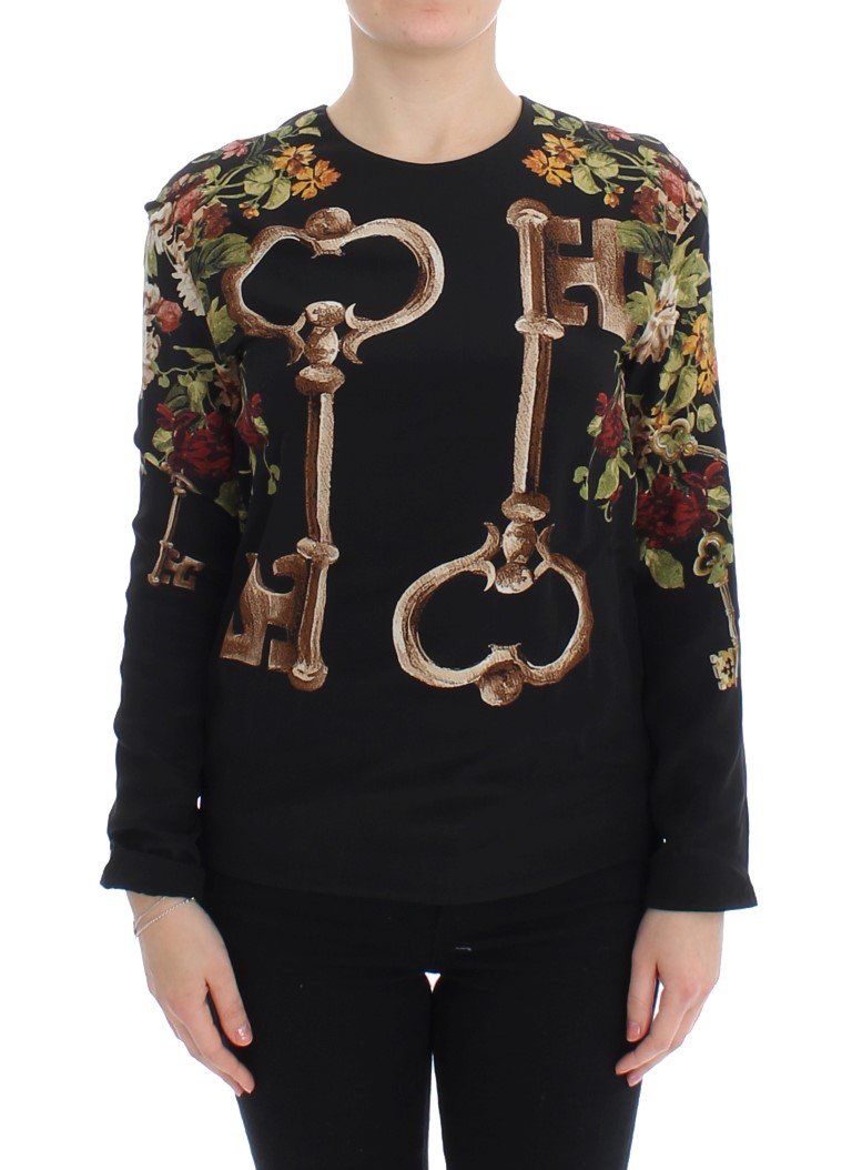 Black Key Floral Print Silk Blouse Top - IT36 | XS