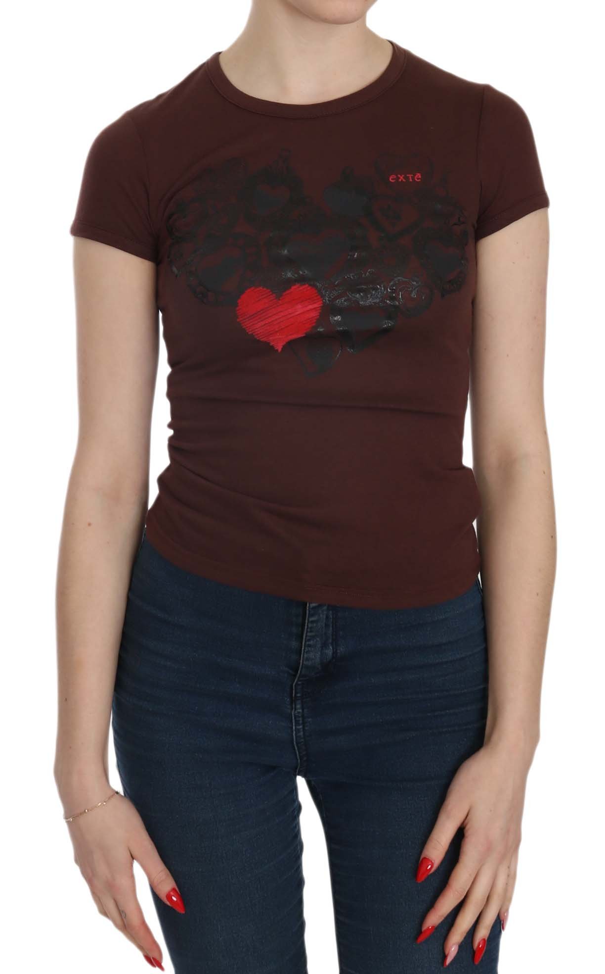 Exte Women's Hearts SS Casual T-shirt Top Brown TSH3909 - IT38|XS