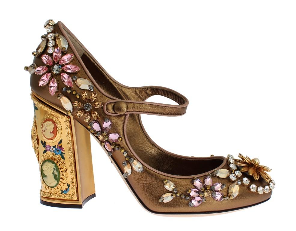 Dolce & Gabbana Women's Leather Crystal Mary Janes Heel Gold SIG19204 - EU38.5/US8