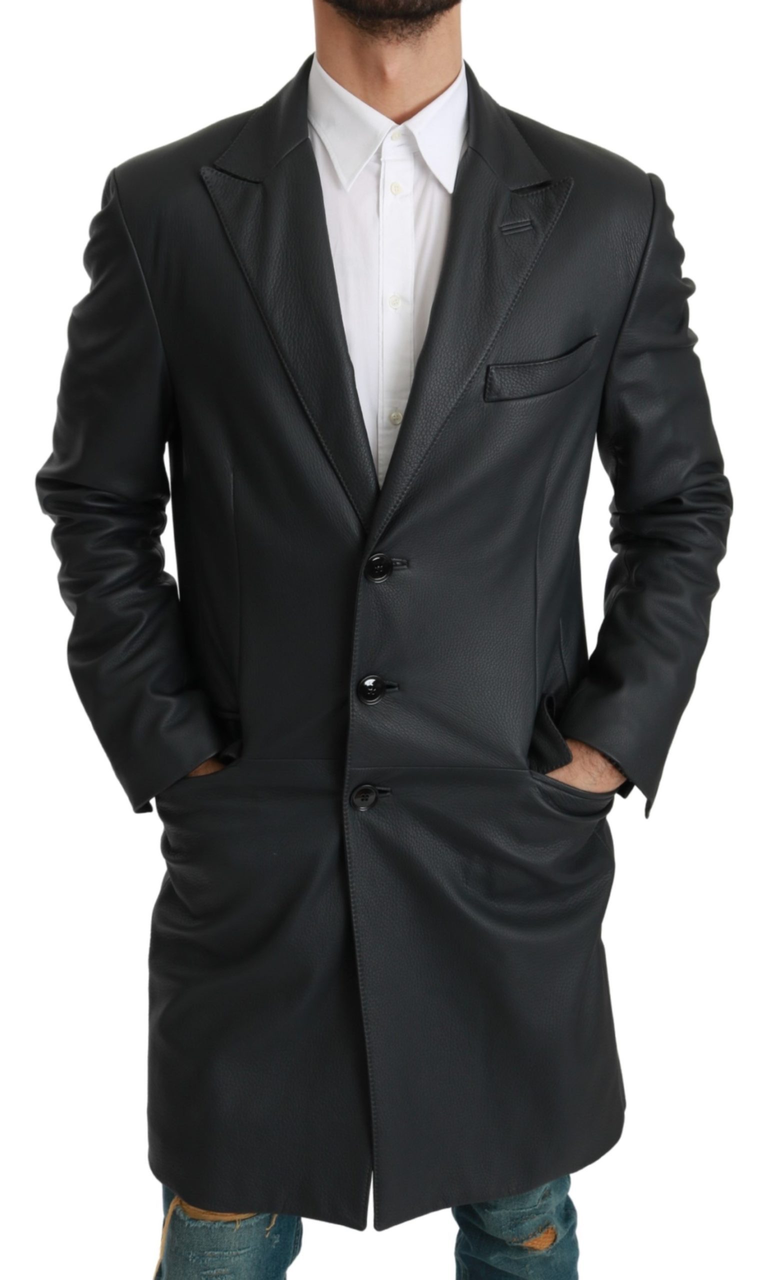 Dolce & Gabbana Men's Formal Long Leather Trenchcoat Leather Gray JKT2619 - IT48 | M