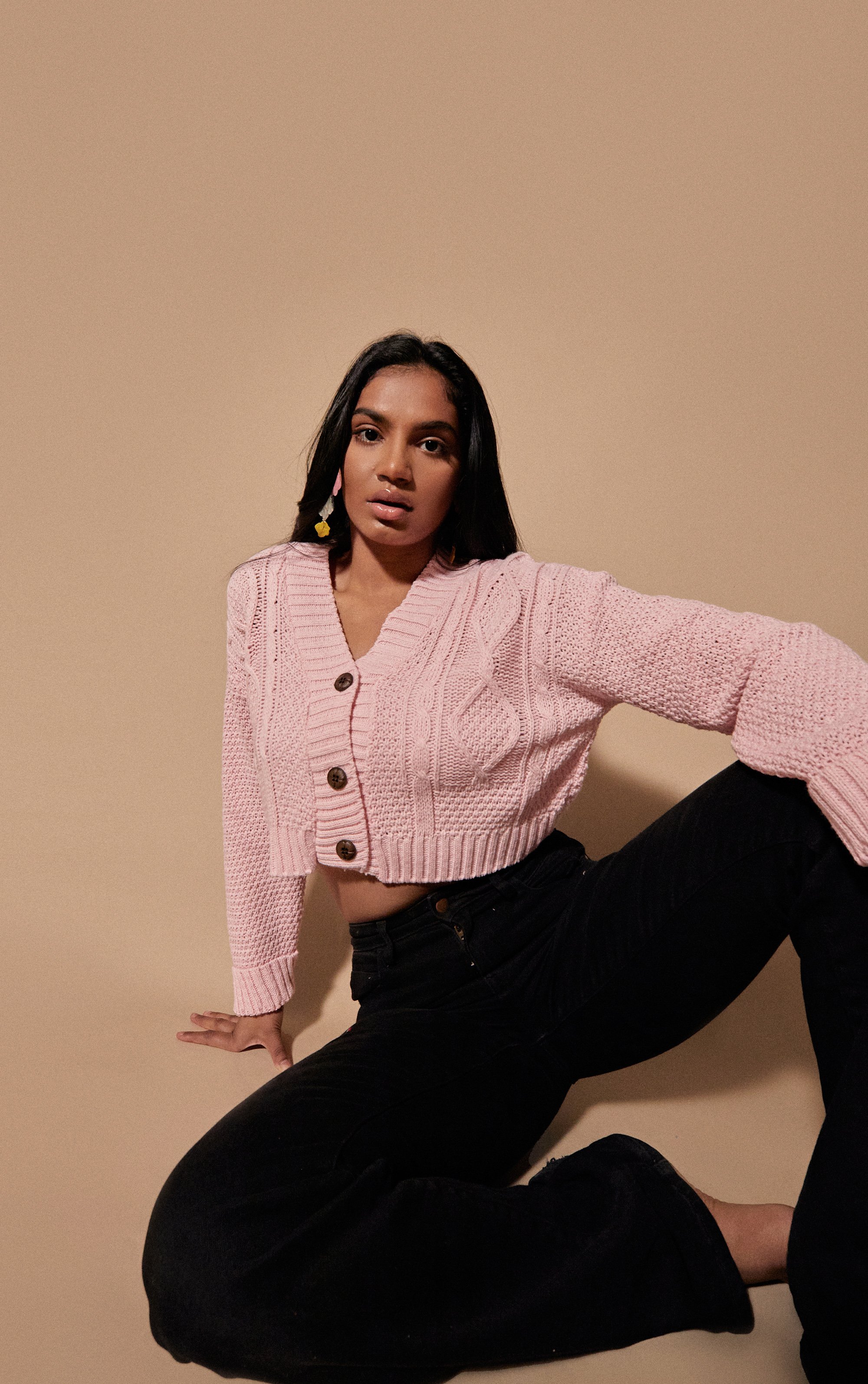 Cable Cropped Button Up Cardigan - Pink / 8/10