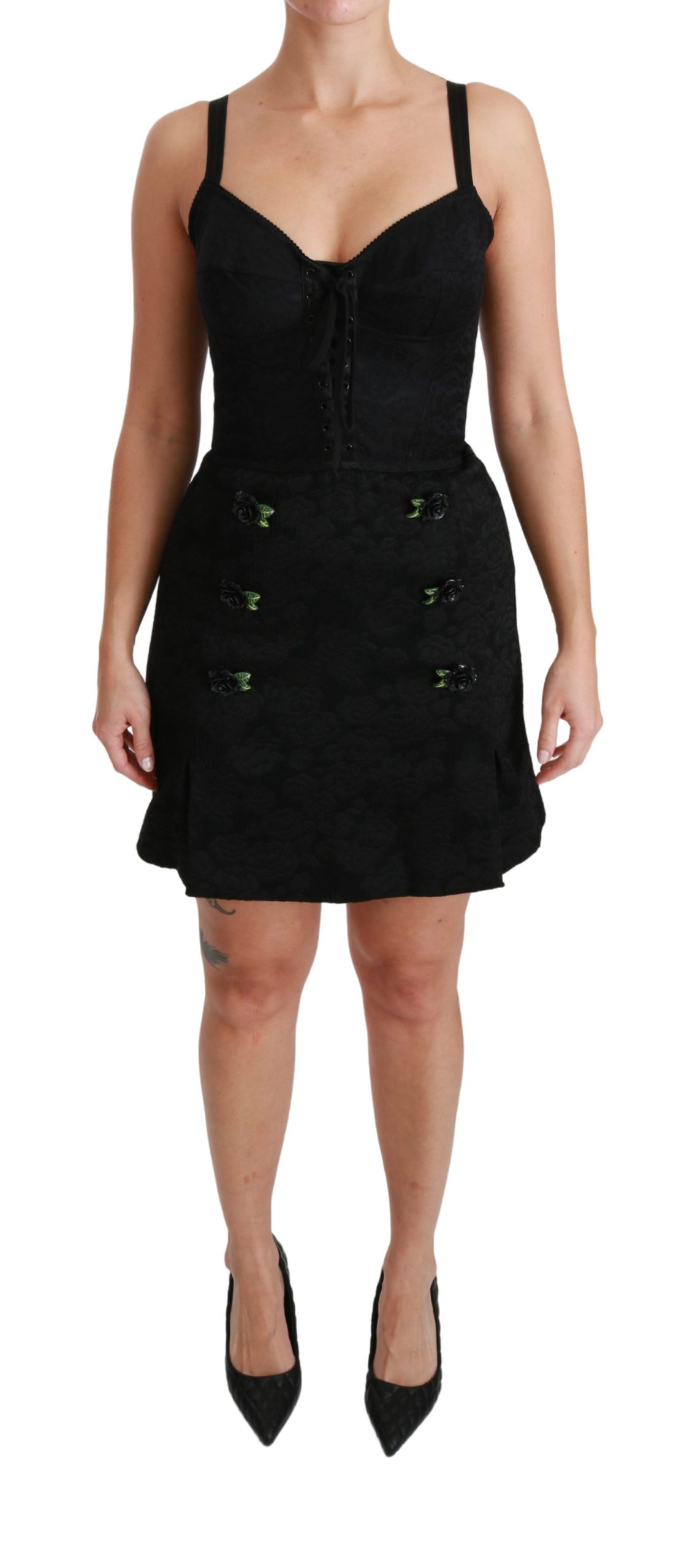 Dolce & Gabbana Women's Jacquard Corset Bustier Roses Dress Black DR2488 - IT40|S
