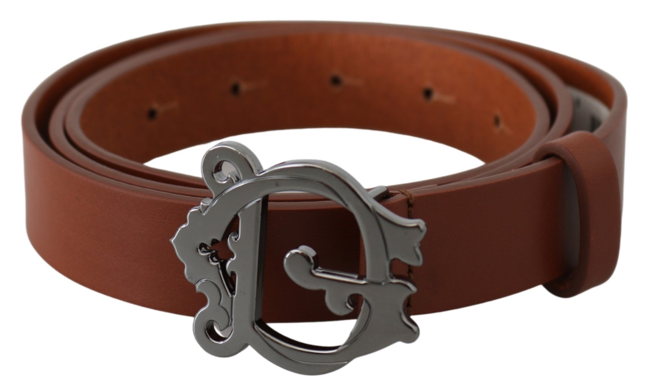 Brown Leather Gray Baroque Logo Buckle Belt - 90 cm / 36 Inches