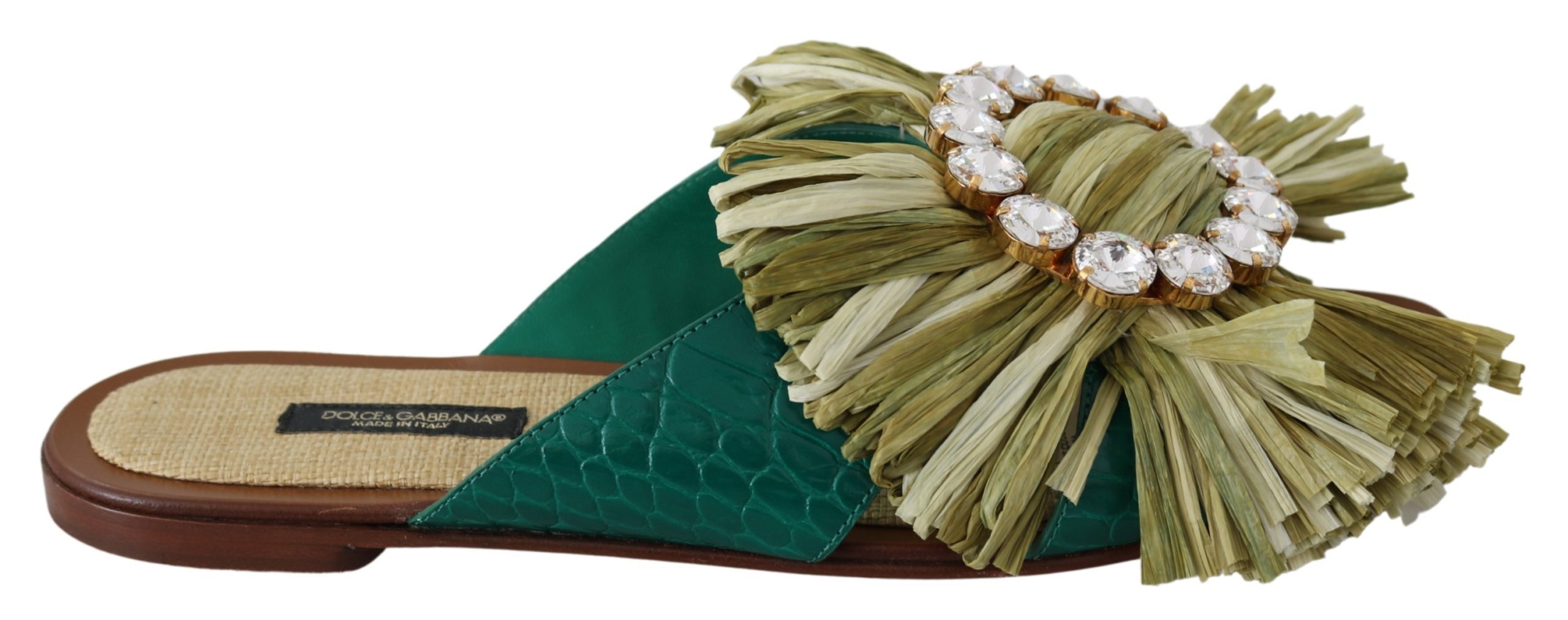Green Leather Rafia Crystal Sandals Shoes - EU40/US9.5