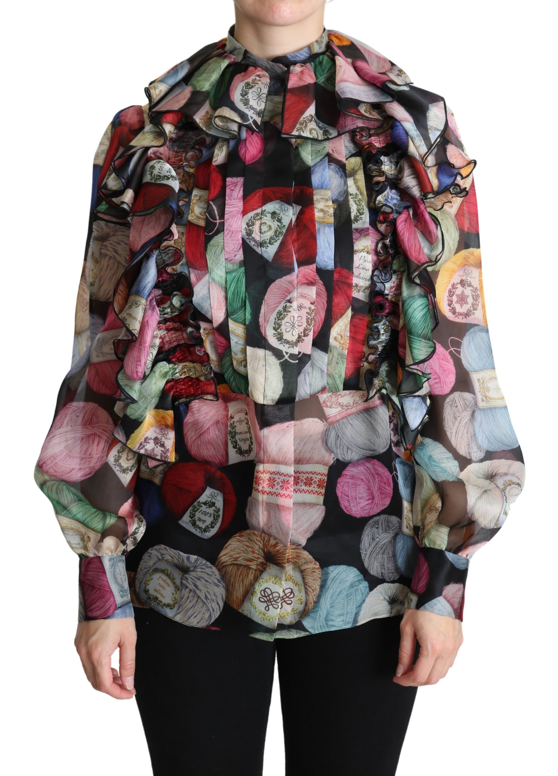 Black Chiffon Blouse Yarn Print Ruffled Long Sleeves - IT40|S