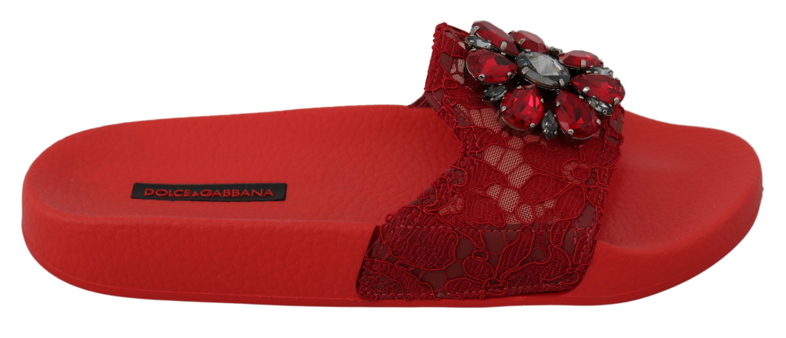 Dolce & Gabbana Women's Lace Crystal Slides Sandals Red LA6555 - EU35/US4.5