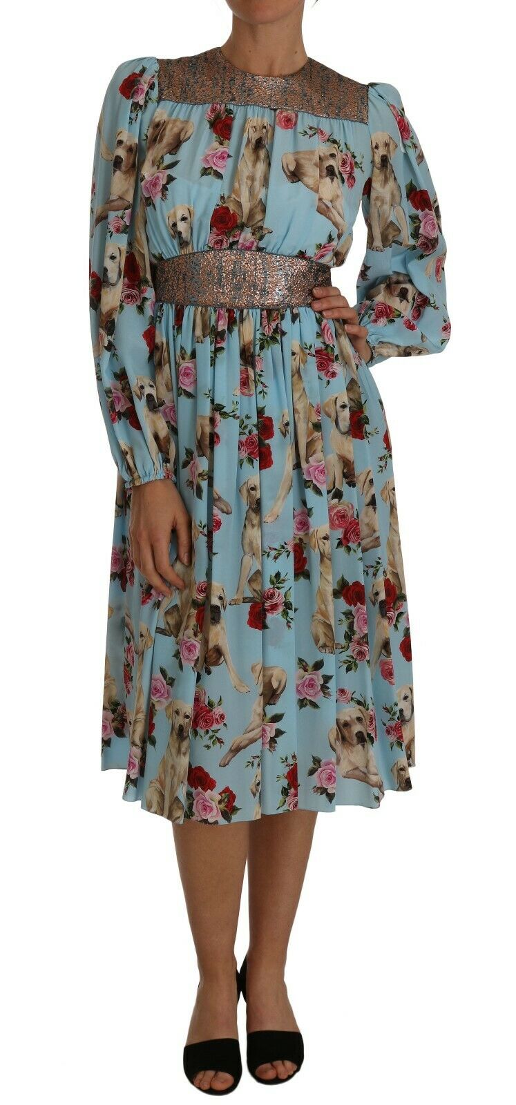 Dolce & Gabbana Women's Silk Labrador Dog Roses Print Dress Blue DR1433 - IT36 | XS