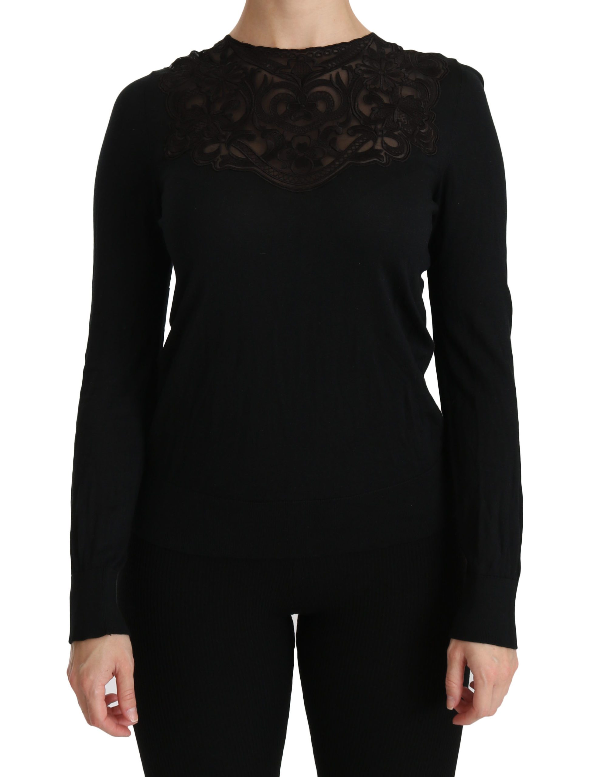 Black Silk Lace Crew Neck Long Sleeve Blouse - IT40|S