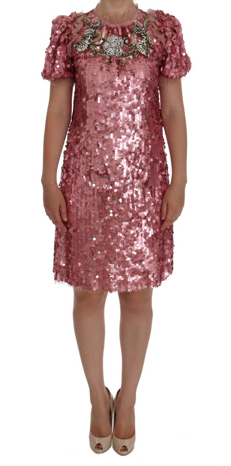 Dolce & Gabbana Women's Sequined Crystal Shift Dress Pink DR1012 - IT40|S