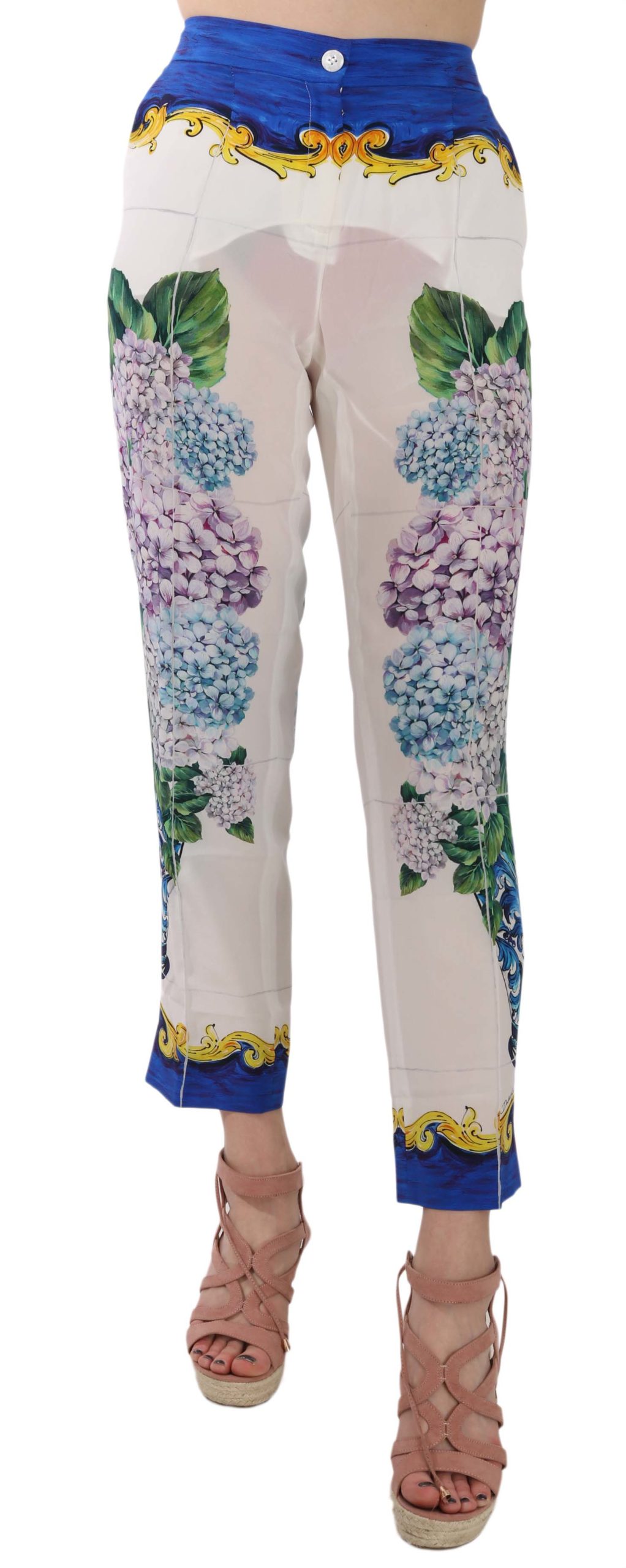 Dolce & Gabbana Women's Hydrangea Print High Waist Silk Trouser White PAN7000 - IT36 | XS