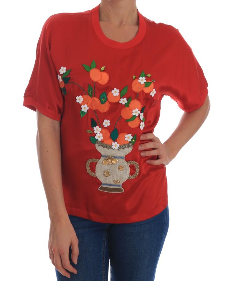 Dolce & Gabbana Women's Silk Floral Crystal T-Shirts Red TSH1931 - IT38 | S