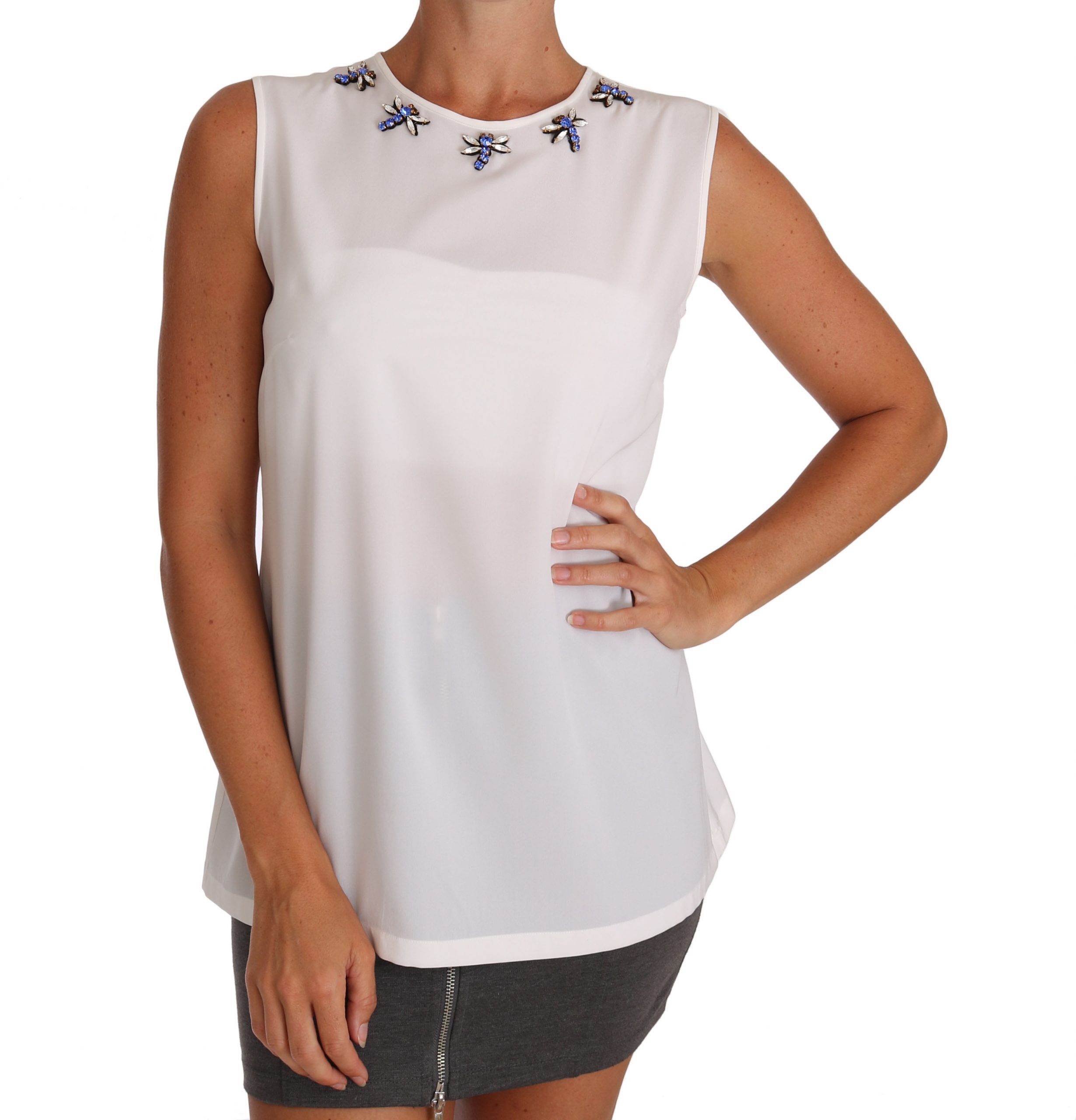 Dolce & Gabbana Women's Silk Crystal Fly Tops White TSH2344 - IT40|S