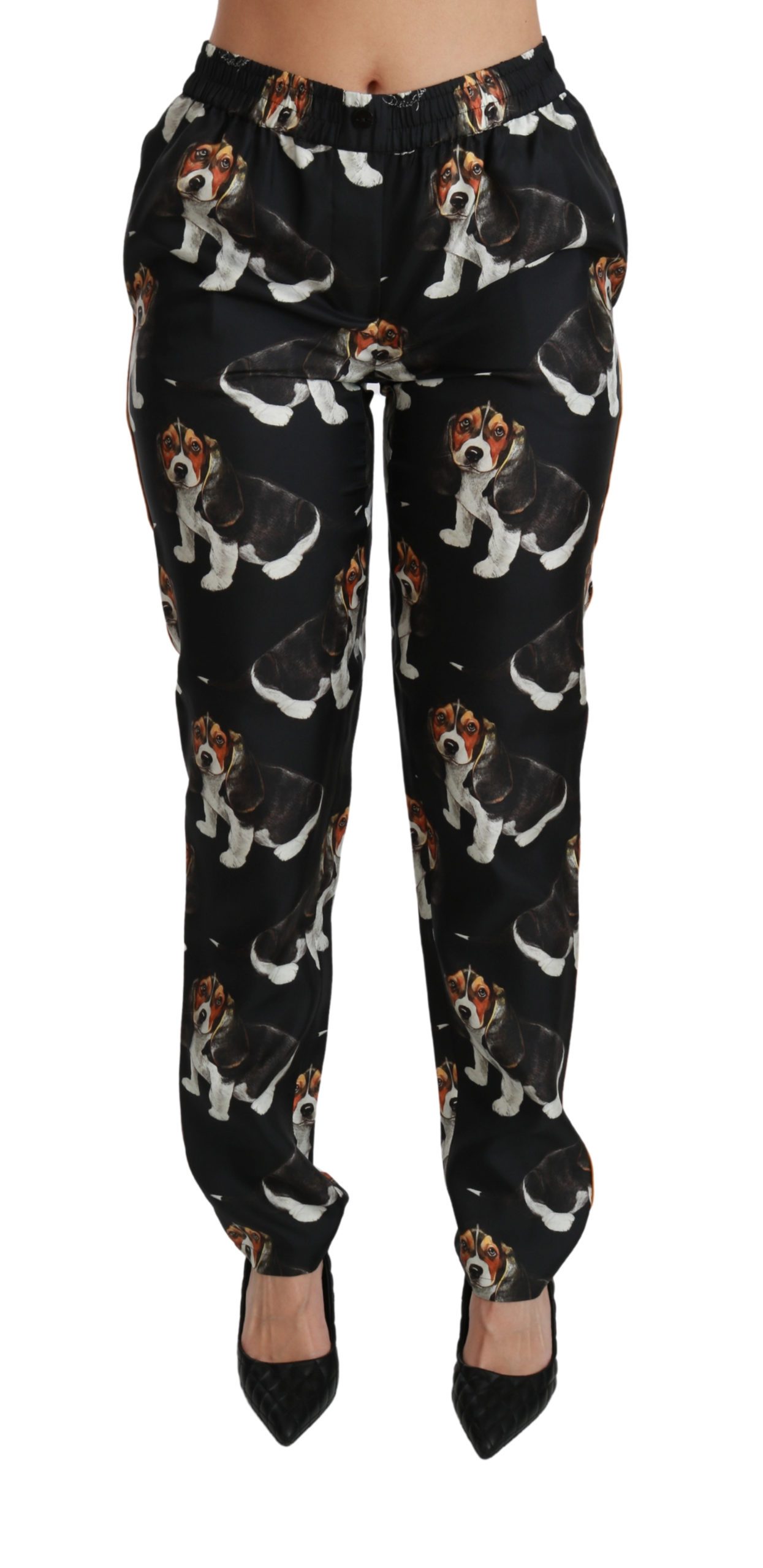 Black Puppy Dog Mid Waist Skinny Silk Pants - IT38|XS