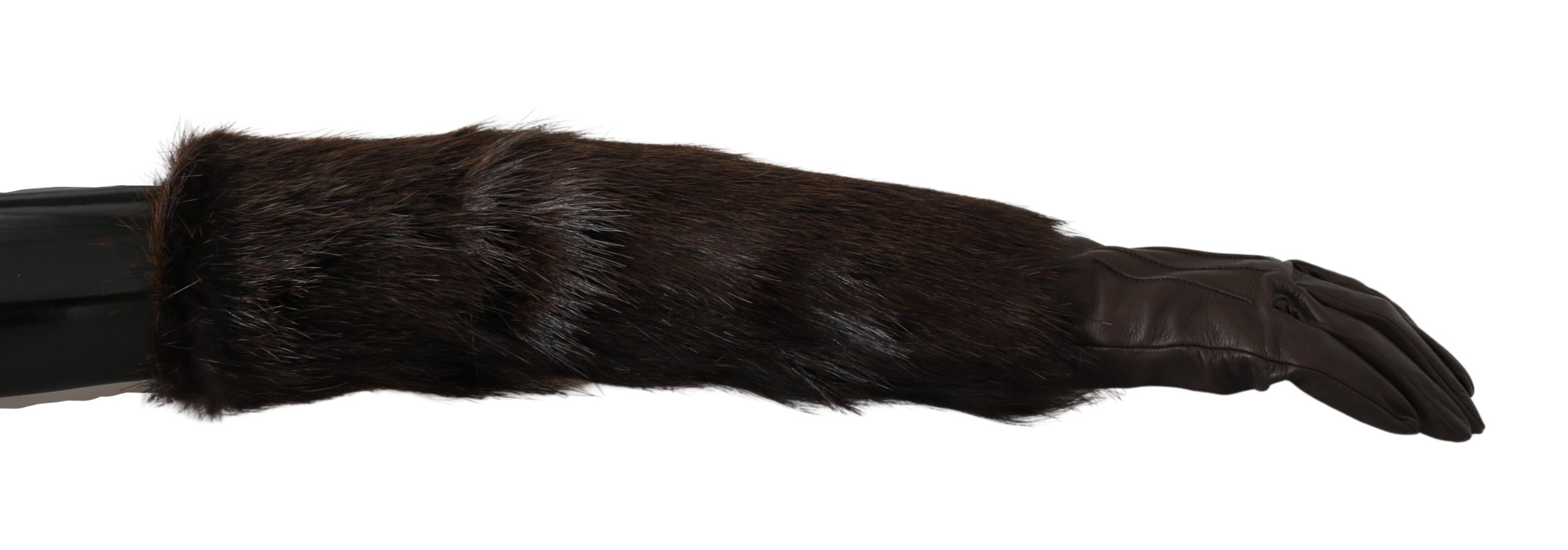 Dolce & Gabbana Women's Elbow Length Mittens Leather Fur Gloves Brown LB1018 - 7.5|S
