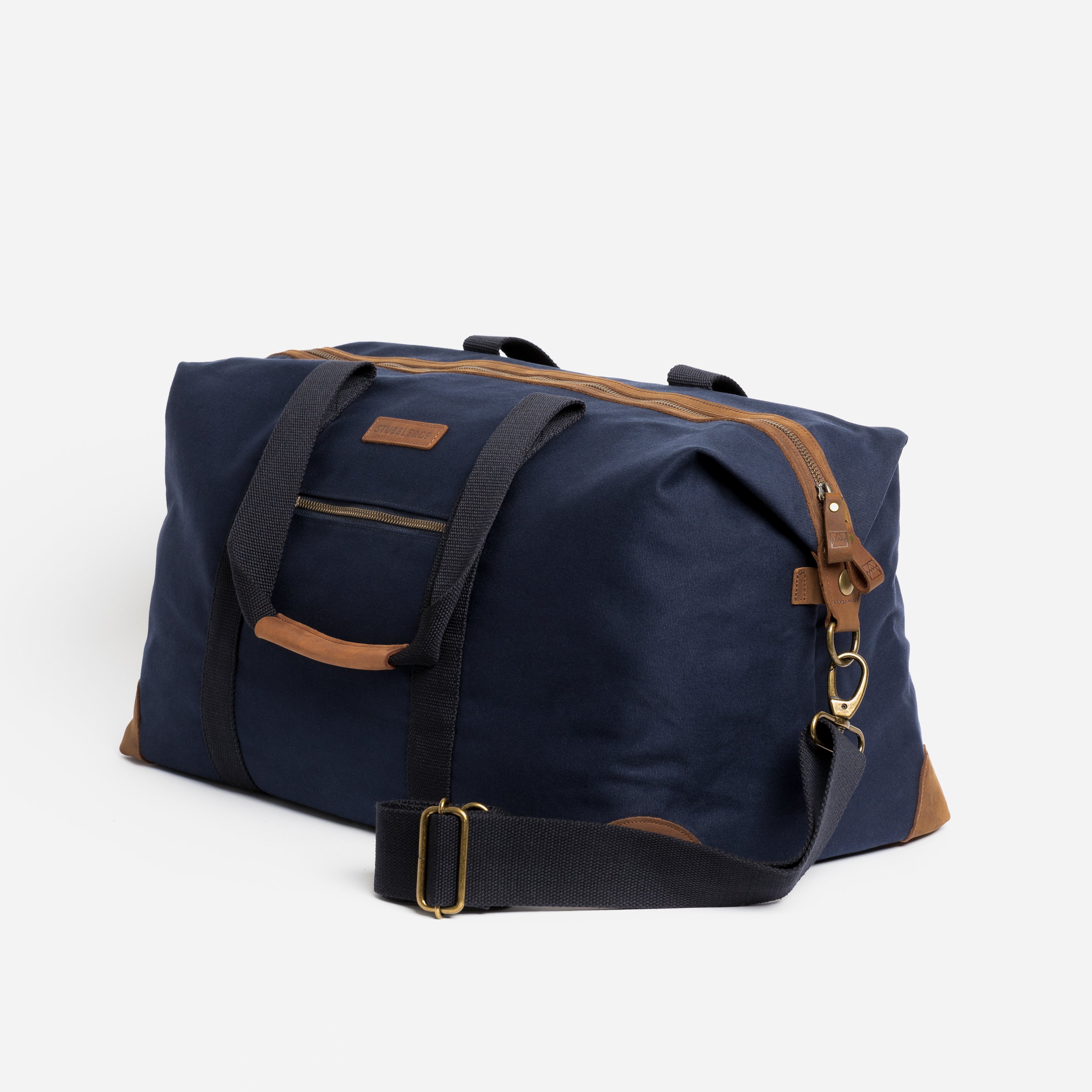 The Weekender. Waterproofed Canvas and Leather Holdall. 15" Laptop Pocket., Navy