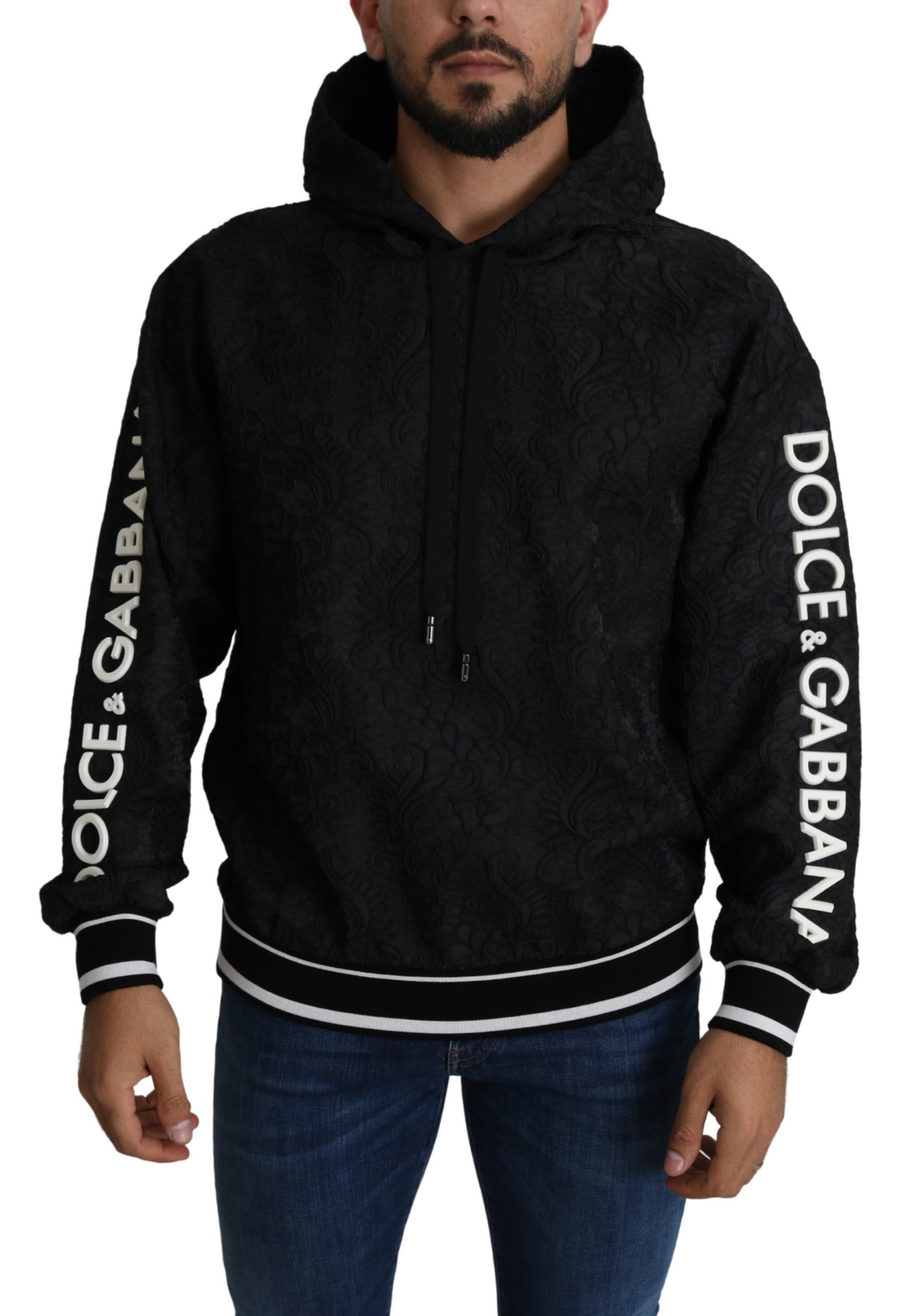 Black Brocade White Logo Hooded Pullover Sweater - IT46 | S