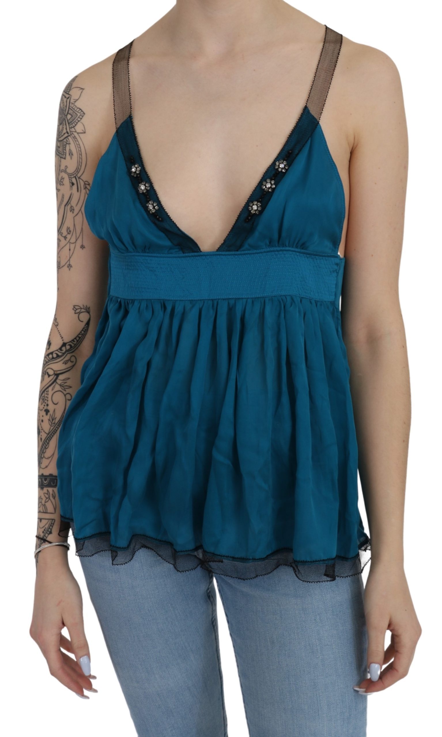 Ermanno Scervino Women's Plunging Cotton Tank Top Blue TSH4882 - IT42|M