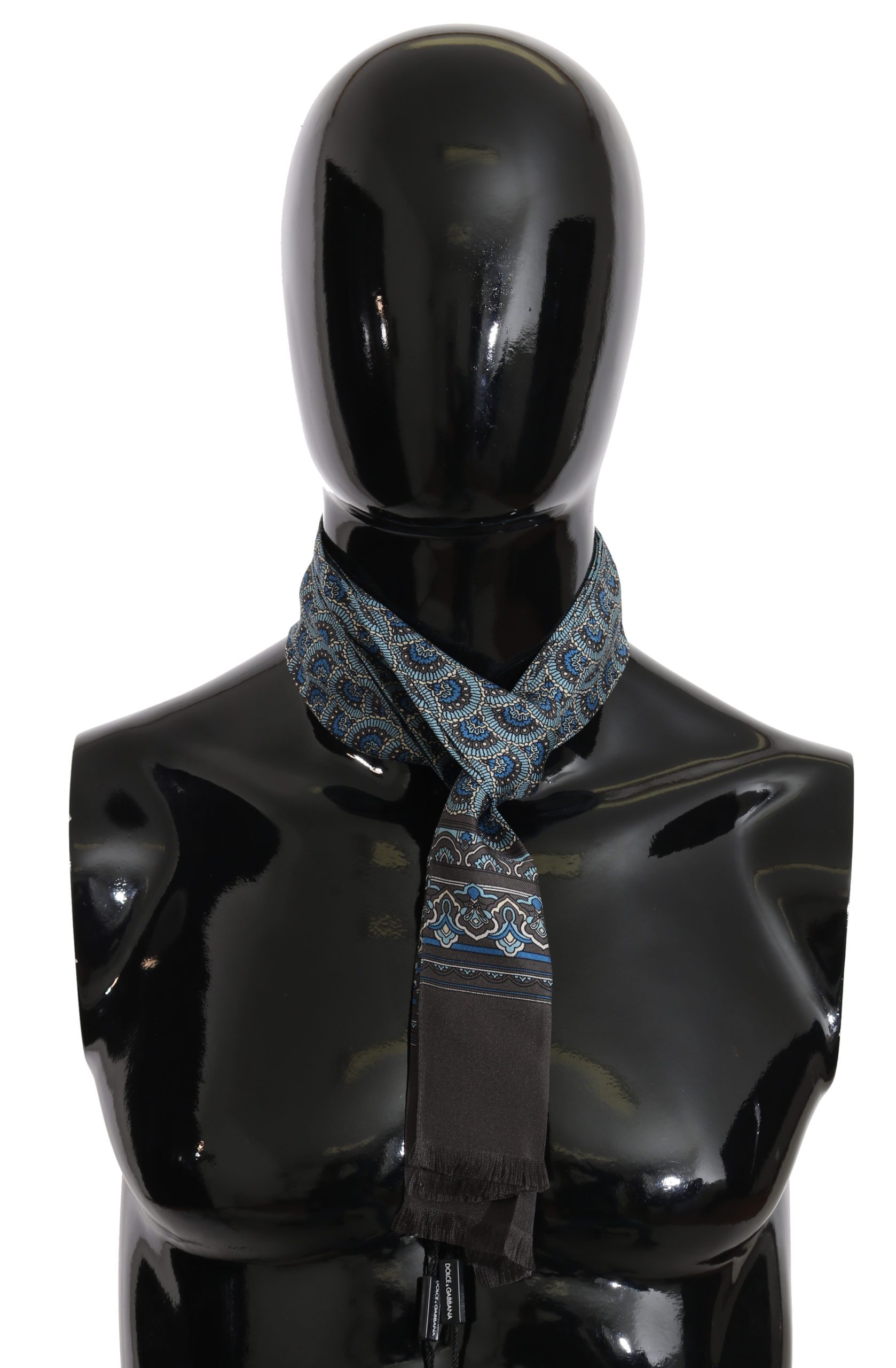 Dolce & Gabbana Men's 100% Silk Blue Pattern Skinny Necktie Scarf Gray MS2093