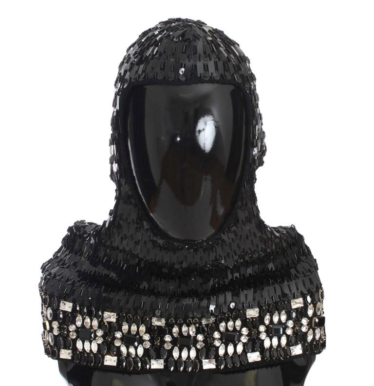 Dolce & Gabbana Men's Knitted Wool Crystal Hood Scarf Hat Black NOC10471