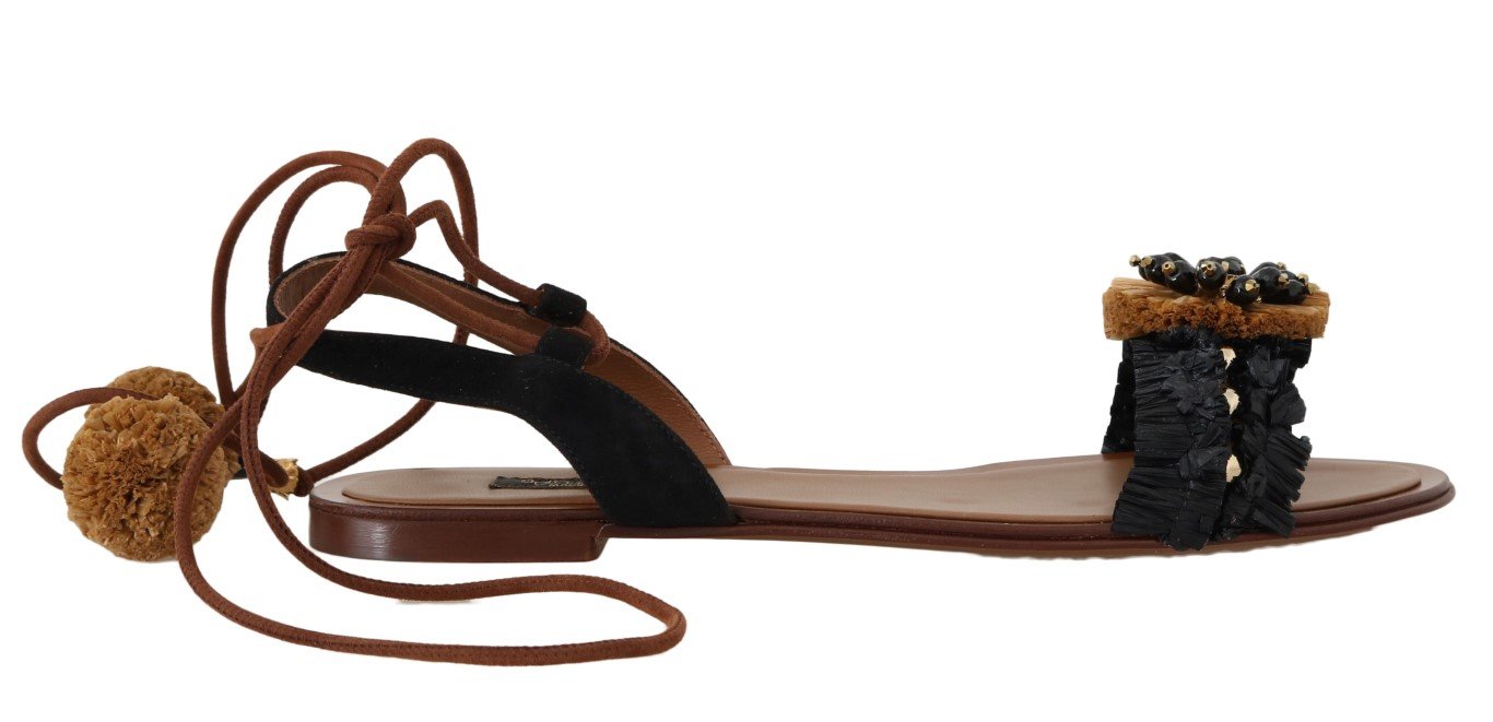 Dolce & Gabbana Women's Crystal Raffia Suede Sandal Black LA4283 - EU35/US4.5