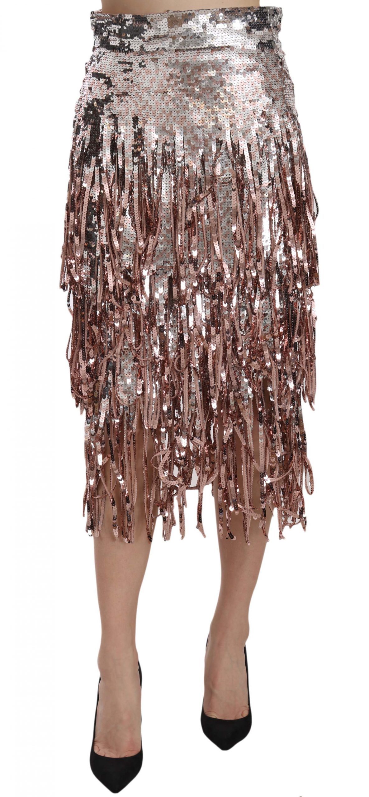 Dolce & Gabbana Women's Embellished Fringe Midi Pencil Skirt Silver SKI1173 - IT44|L