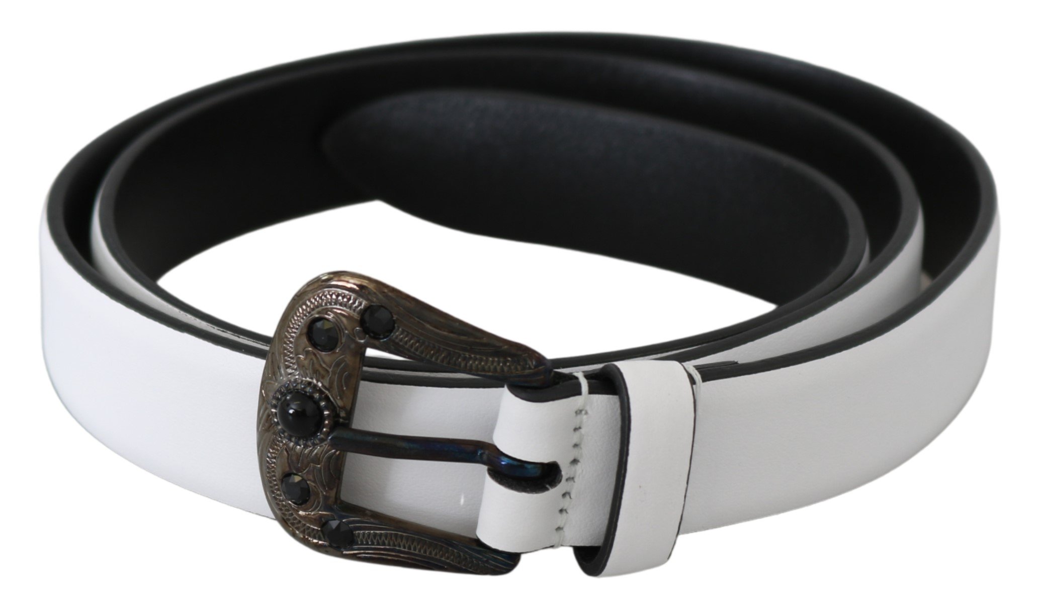 White Black Leather Crystal Baroque Buckle Belt - 90 cm / 36 Inches