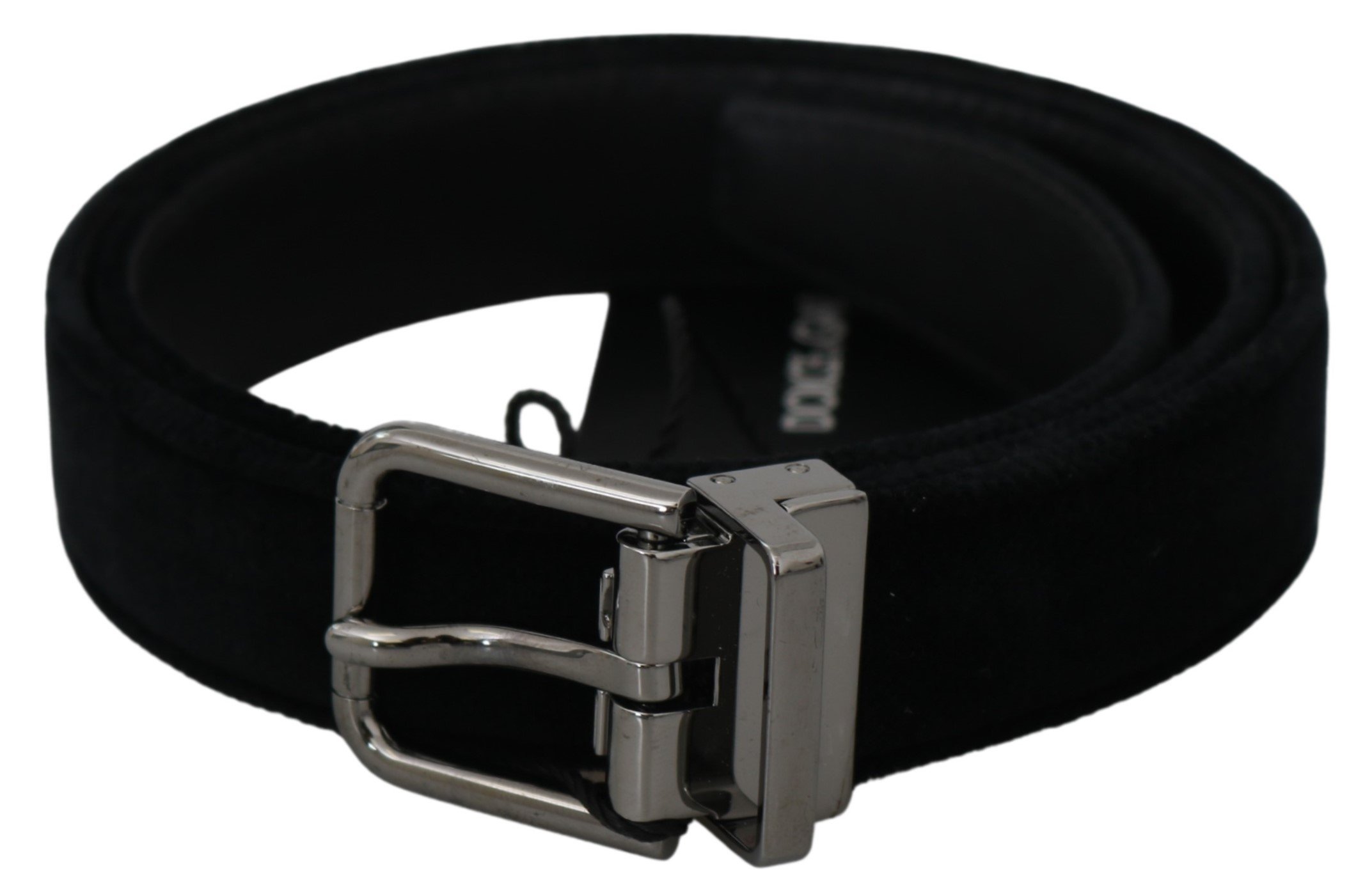 Black Velvet Leather Gray Logo Buckle Belt - 115 cm / 46 Inches