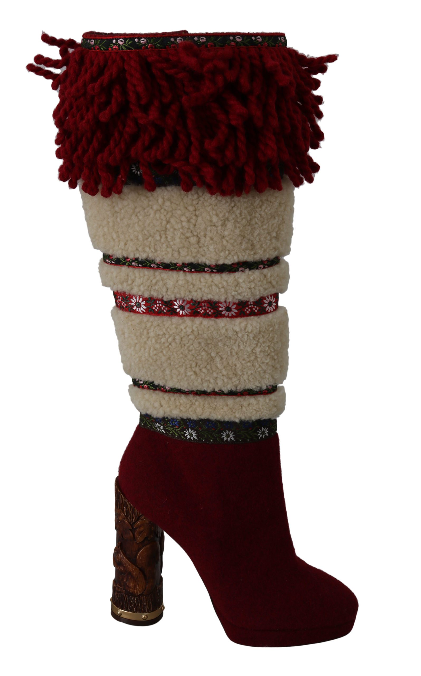 Red Wool Shearling Wooden Booties Boots Shoes - EU39/US8.5