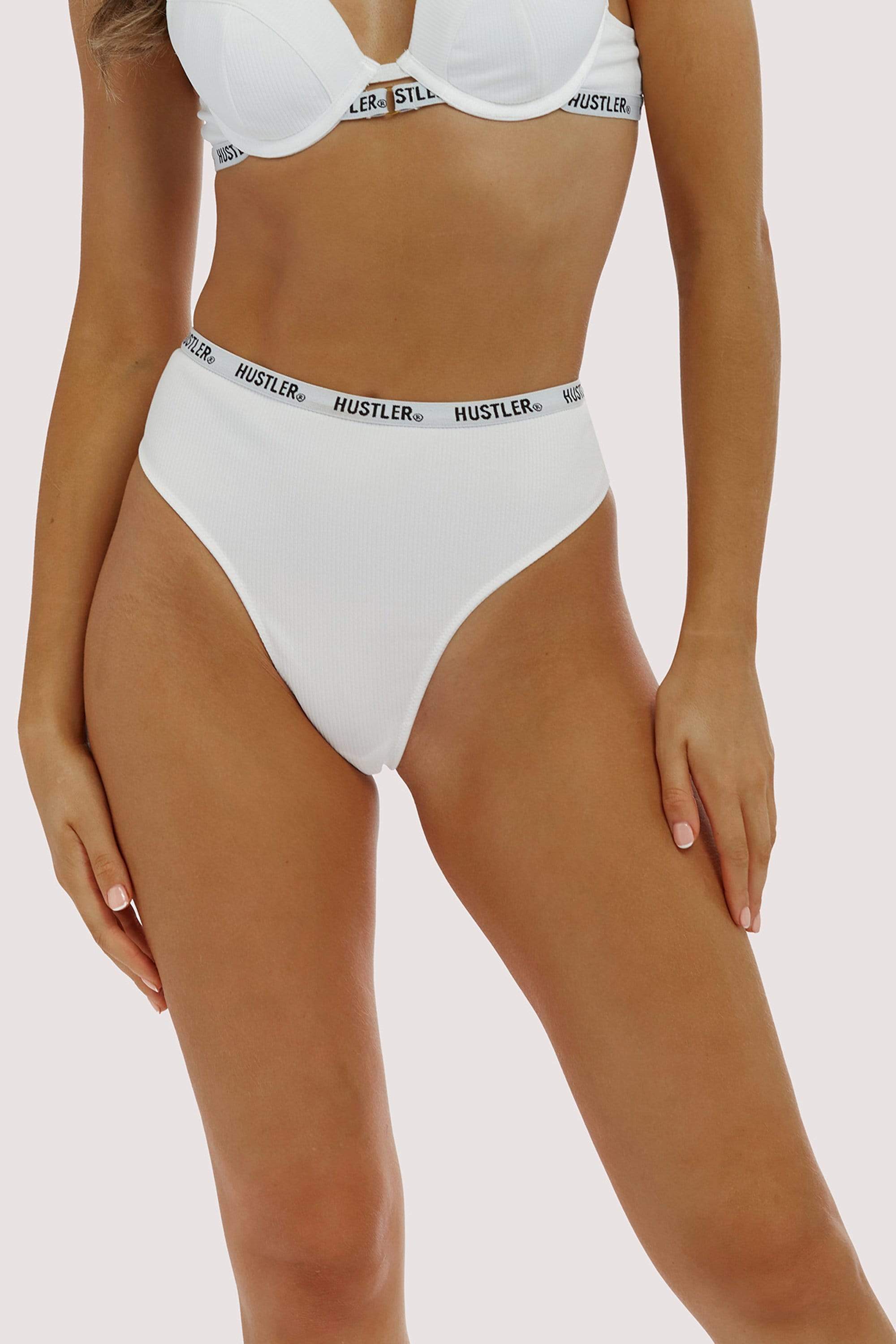 Hustler Branded Ribbed Ivory High Waist Thong UK 16 / US 12