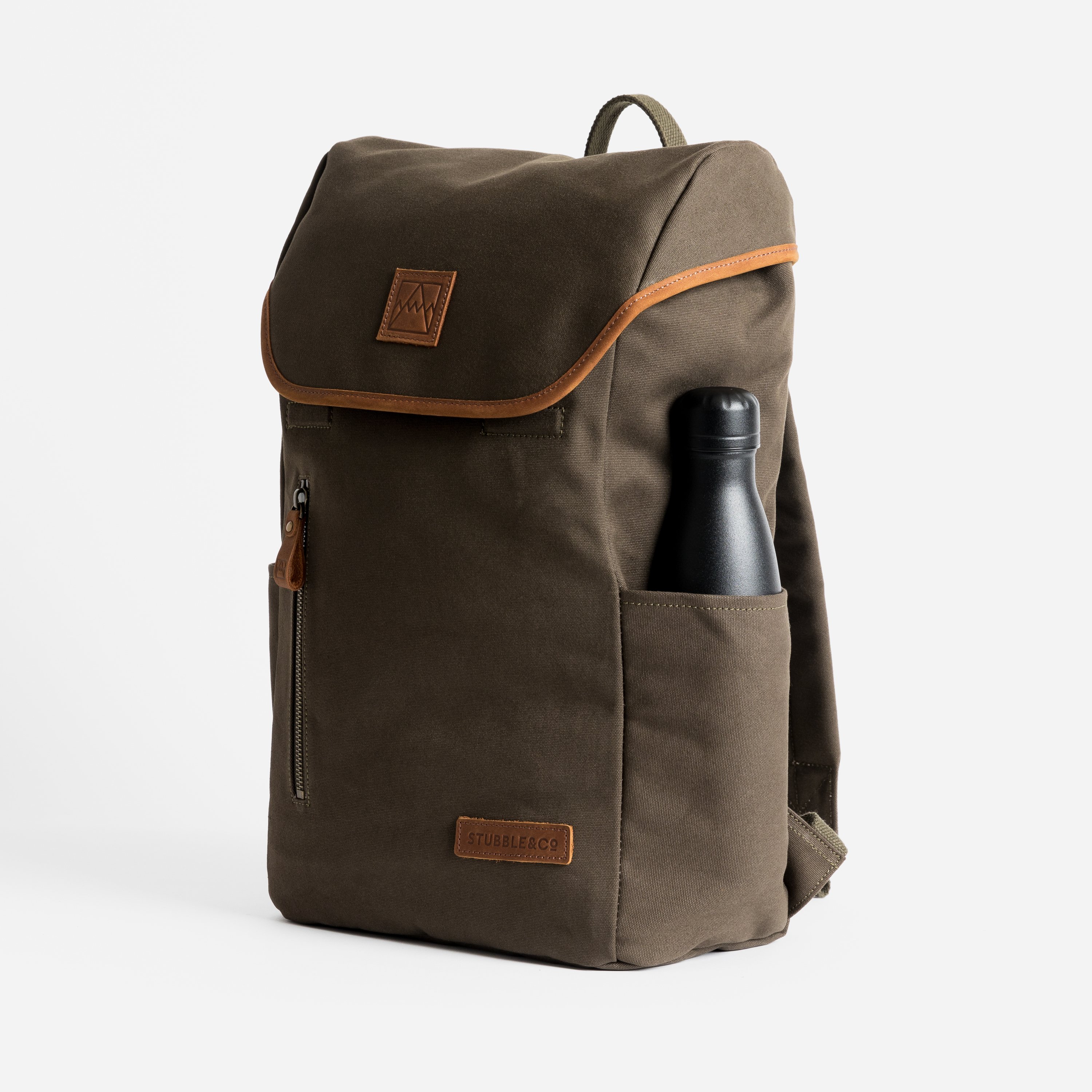 The Backpack. Premium Waterproofed Canvas and Leather. 15" Laptop Pocket., Olive