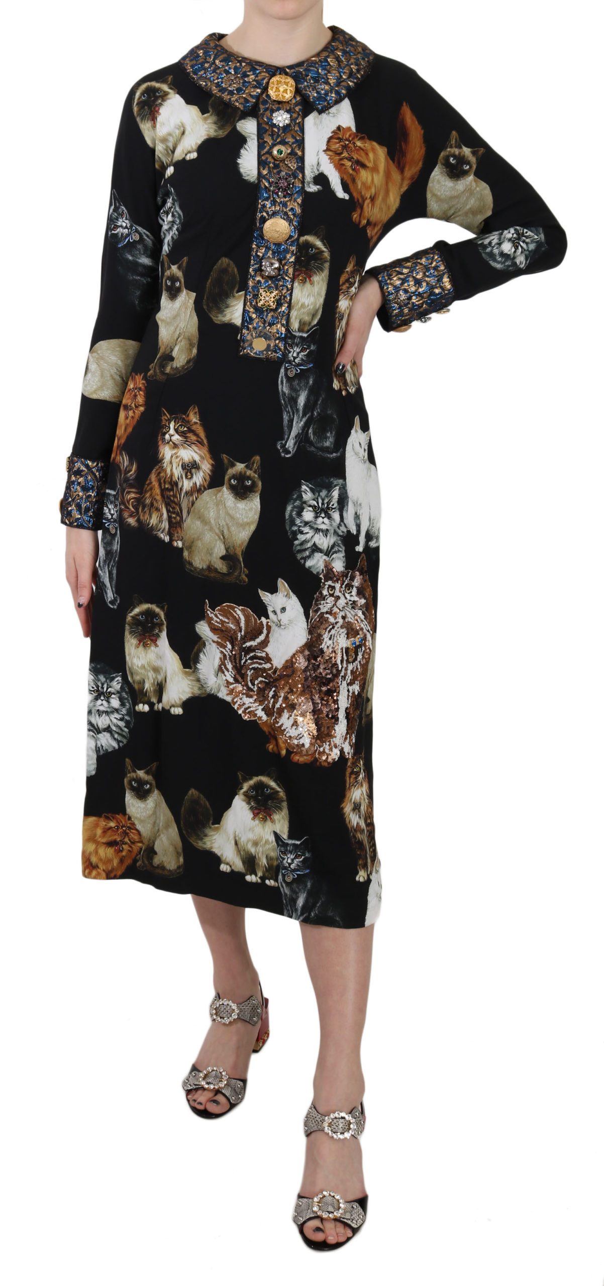 Dolce & Gabbana Women's Bengal Cat Crystal Jacquard Dress Black DR1661 - IT42|M