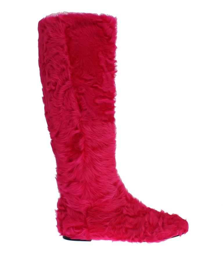Pink Lamb Fur Leather Flat Boots - EU38/US7.5