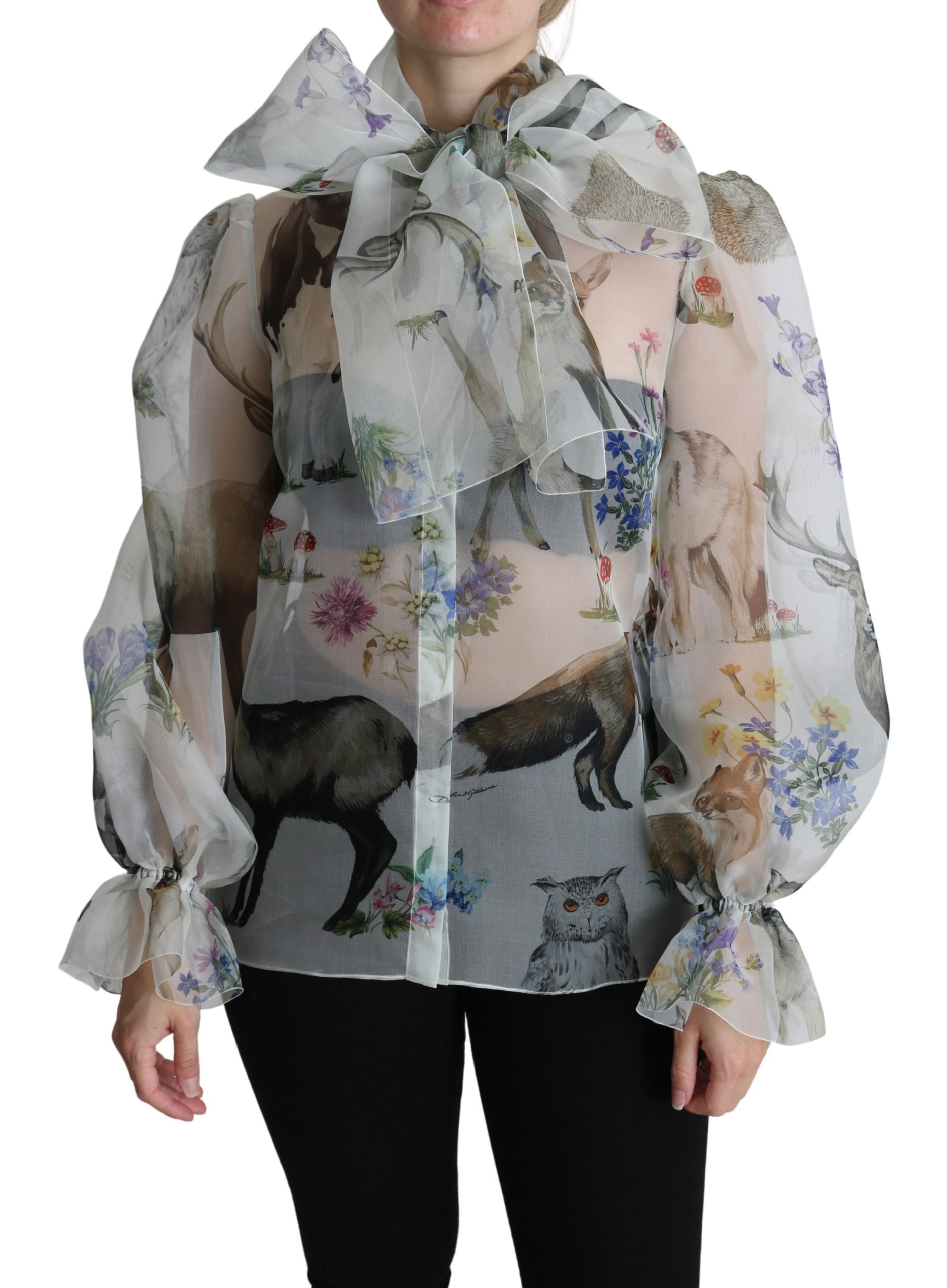 White Chiffon Animal Print Pussy Bow Silk Blouse - IT40|S