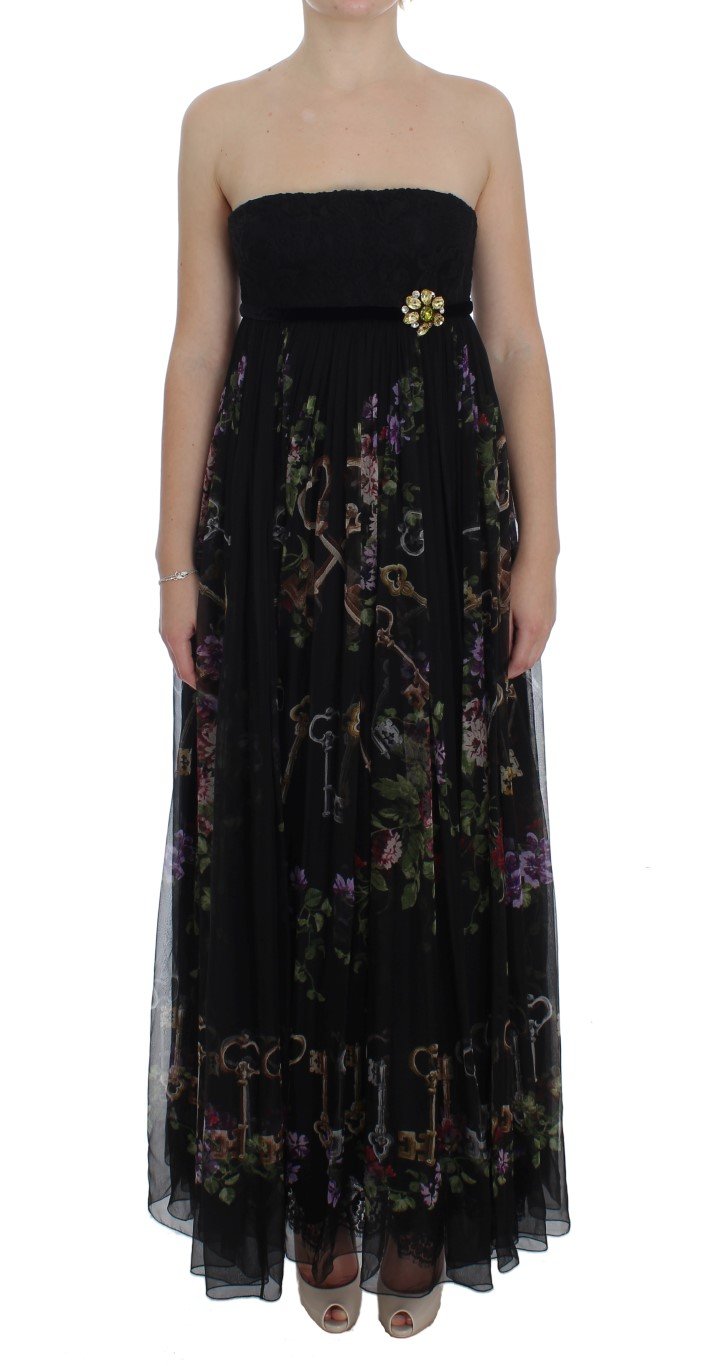 Dolce & Gabbana Women's Key Print Silk Crystal Brooch Dress Black NOC10191 - IT40|S