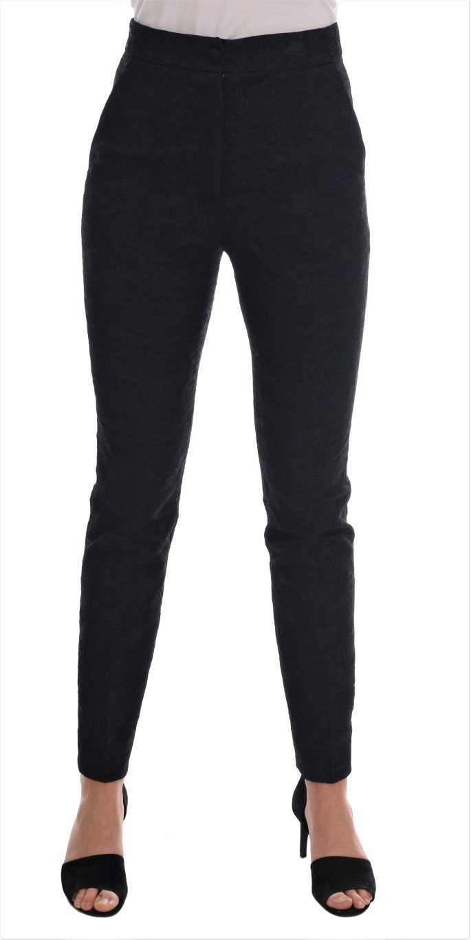 Black Floral Brocade Slim Fit Pants - IT38|XS
