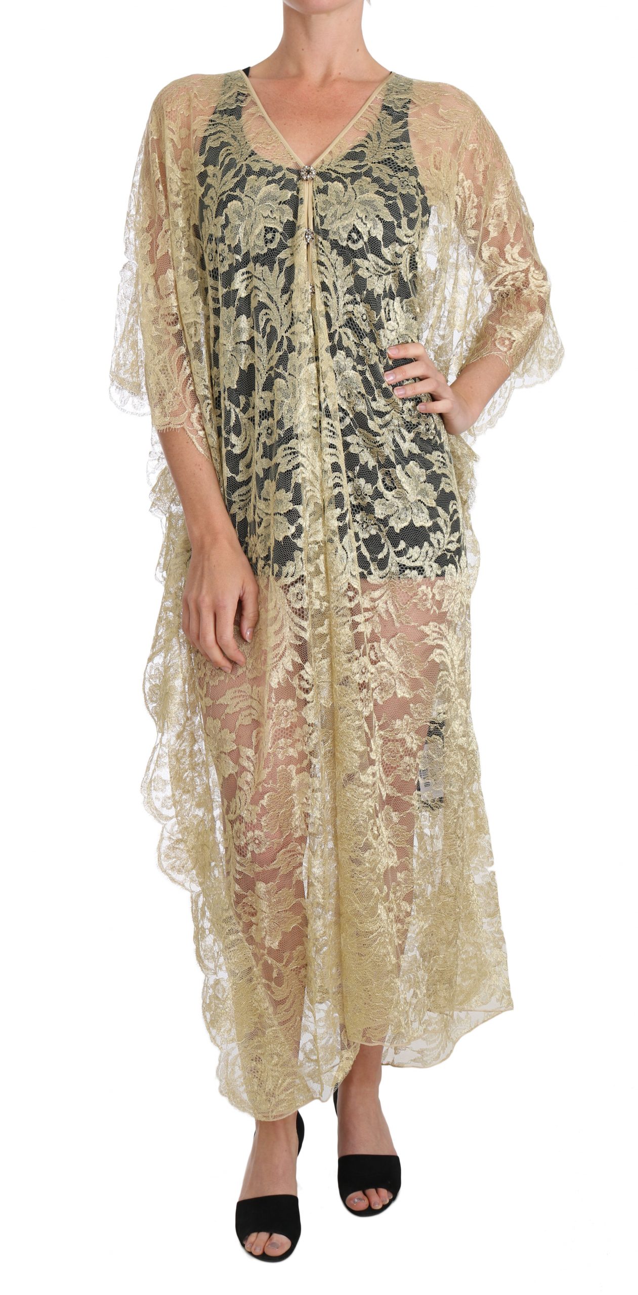 Dolce & Gabbana Women's Floral Lace Crystal Gown Cape Dress Gold DR1524 - IT36 | XS